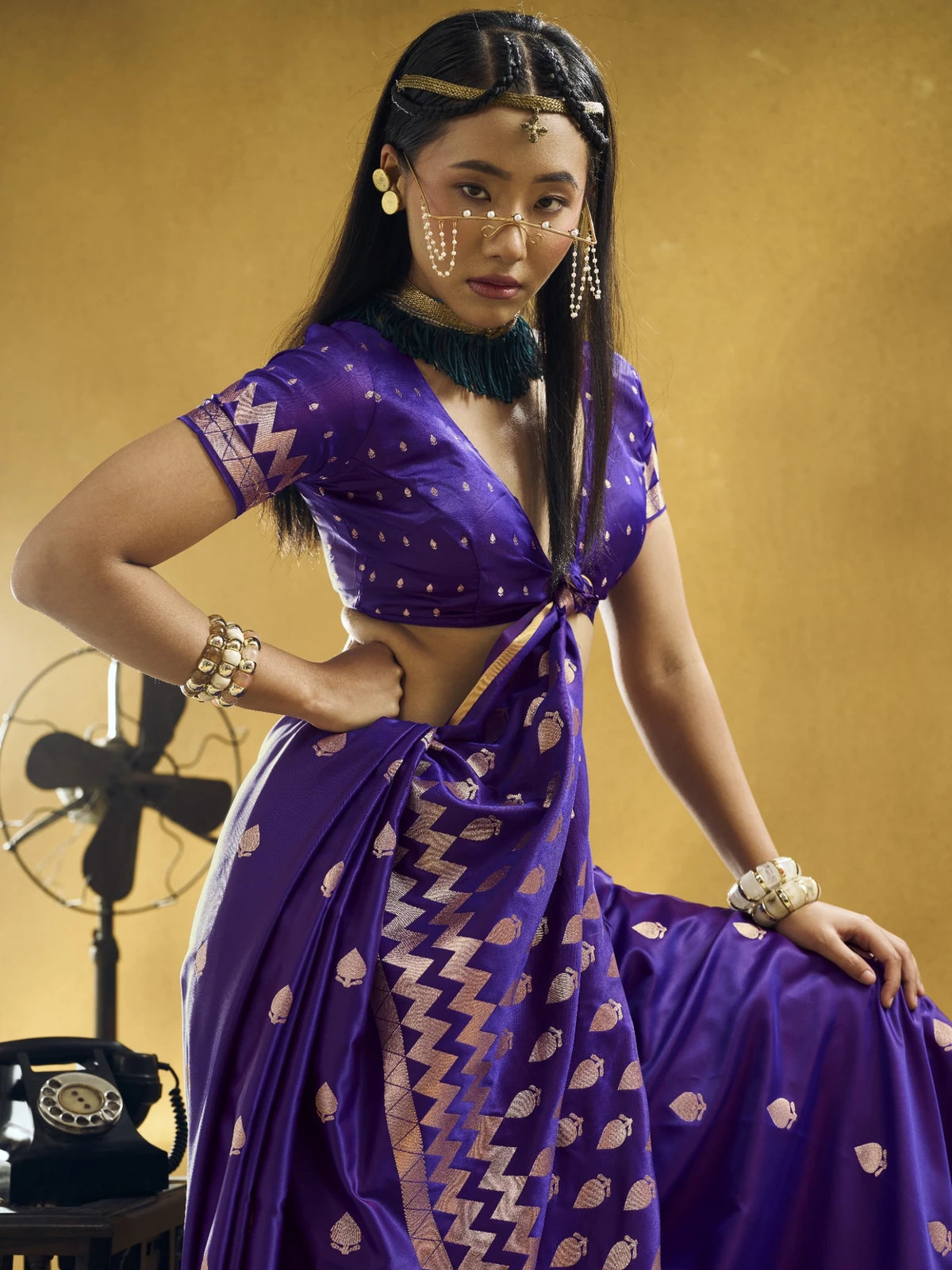 Tarani purple blouse view with woven sleeve design by Tarani