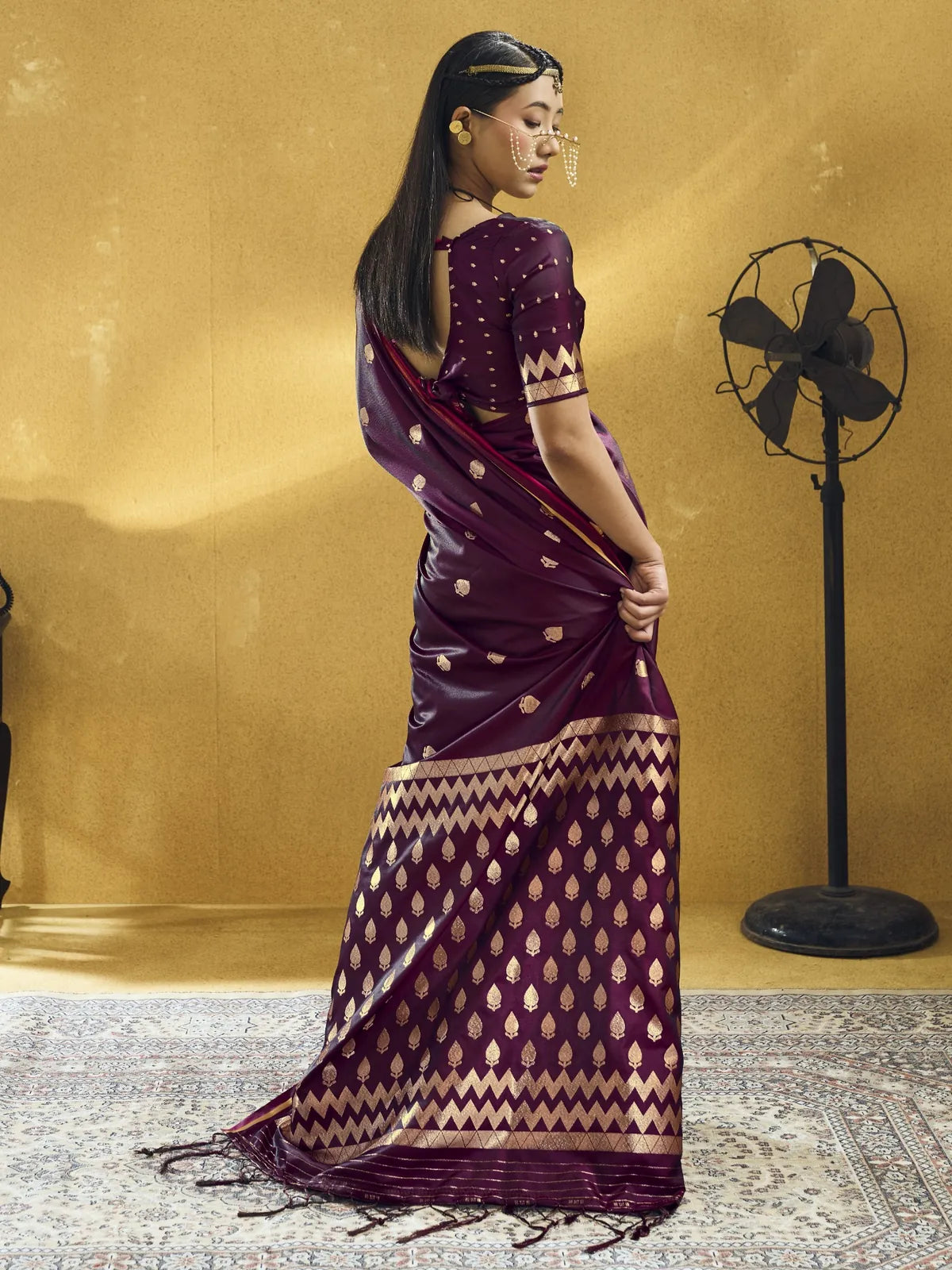 Tarani wine Pure Satin Handloom Weaving saree back view