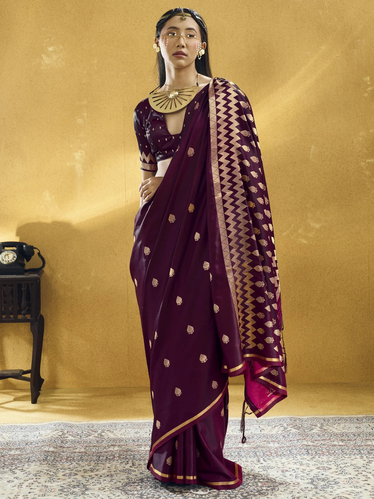 Tarani wine Pure Satin Handloom Weaving saree front drape