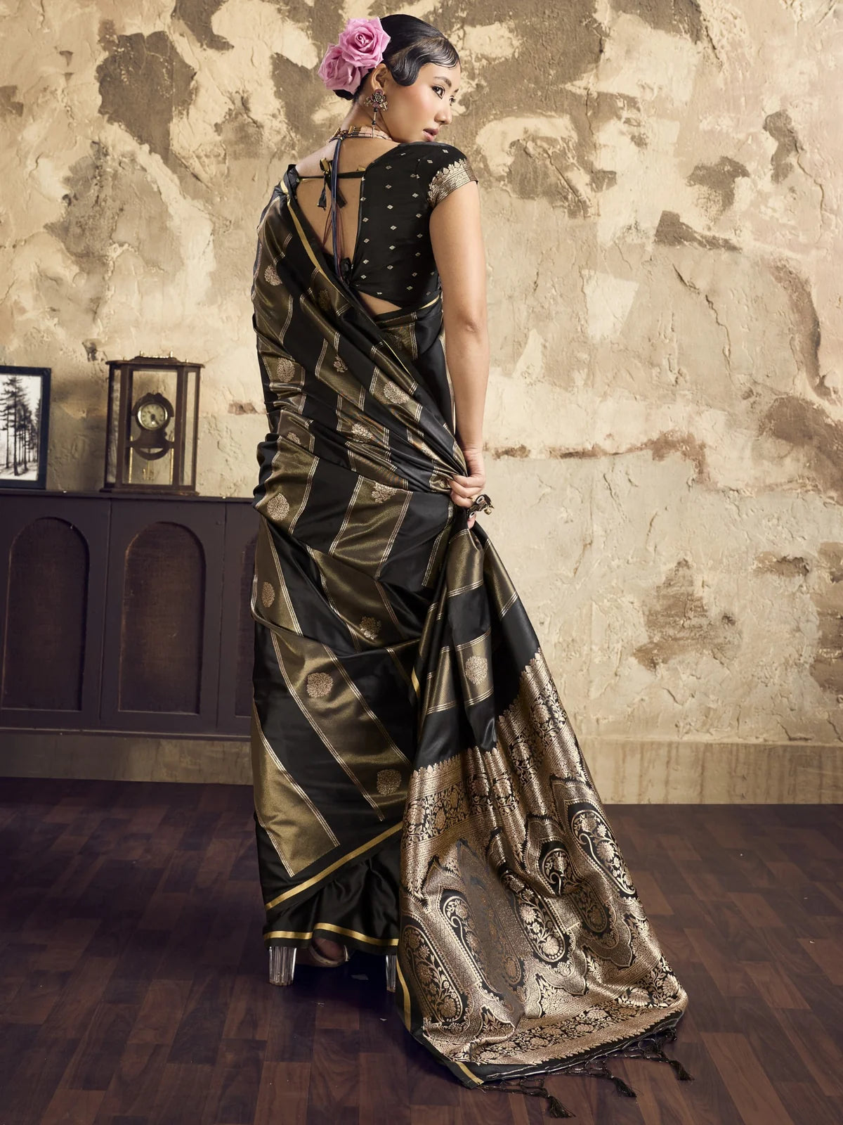Tarani black Pure Satin handloom saree back view Arika
