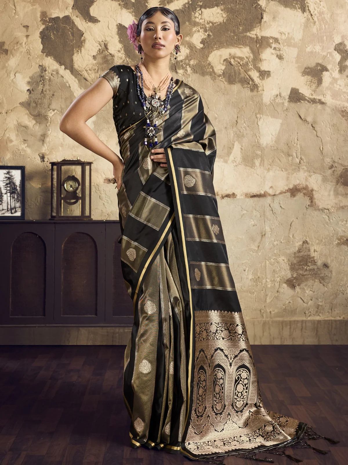 Tarani black Pure Satin handloom saree full view Arika