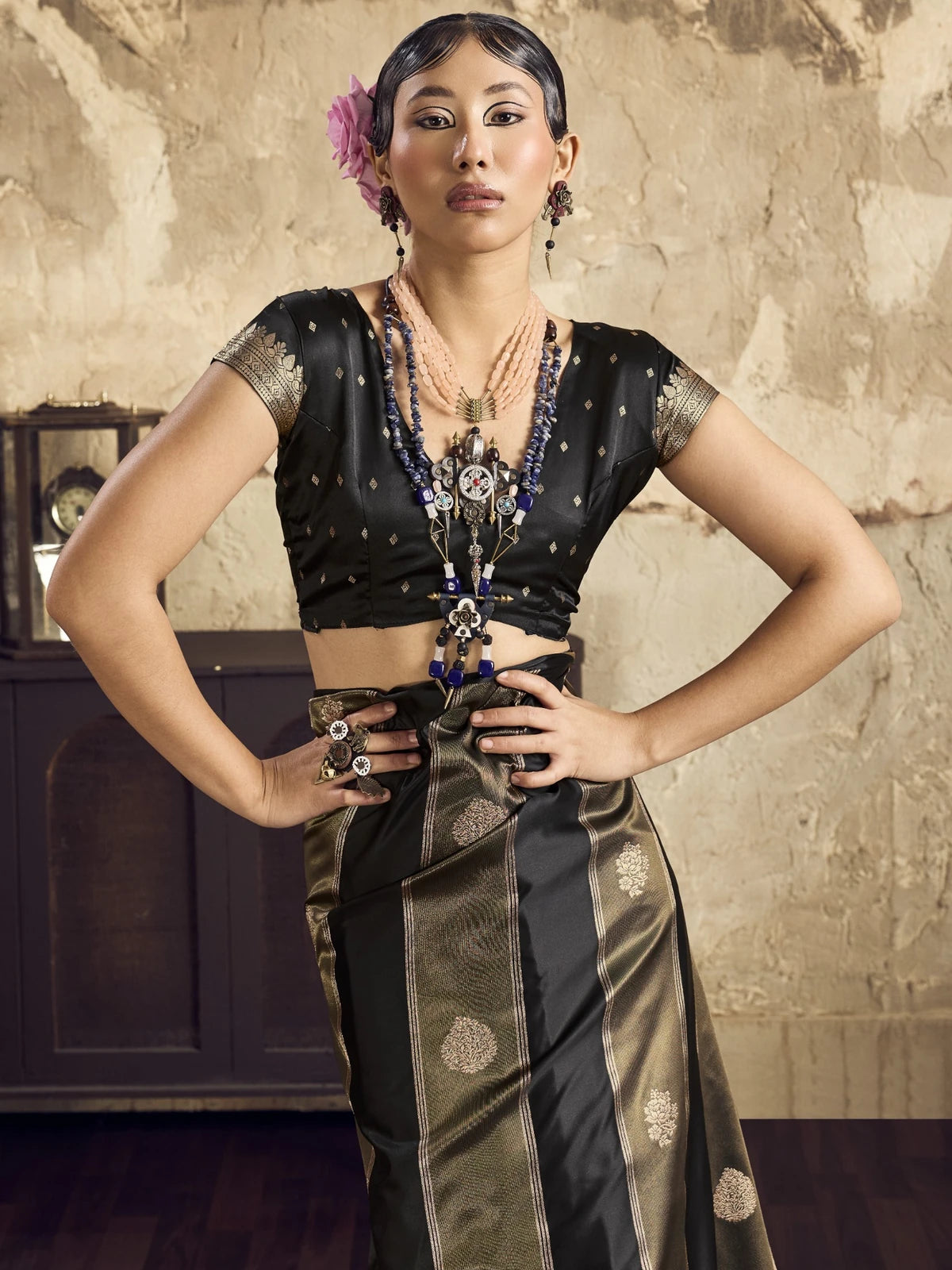 Tarani black Pure Satin handloom saree upper body view Arika