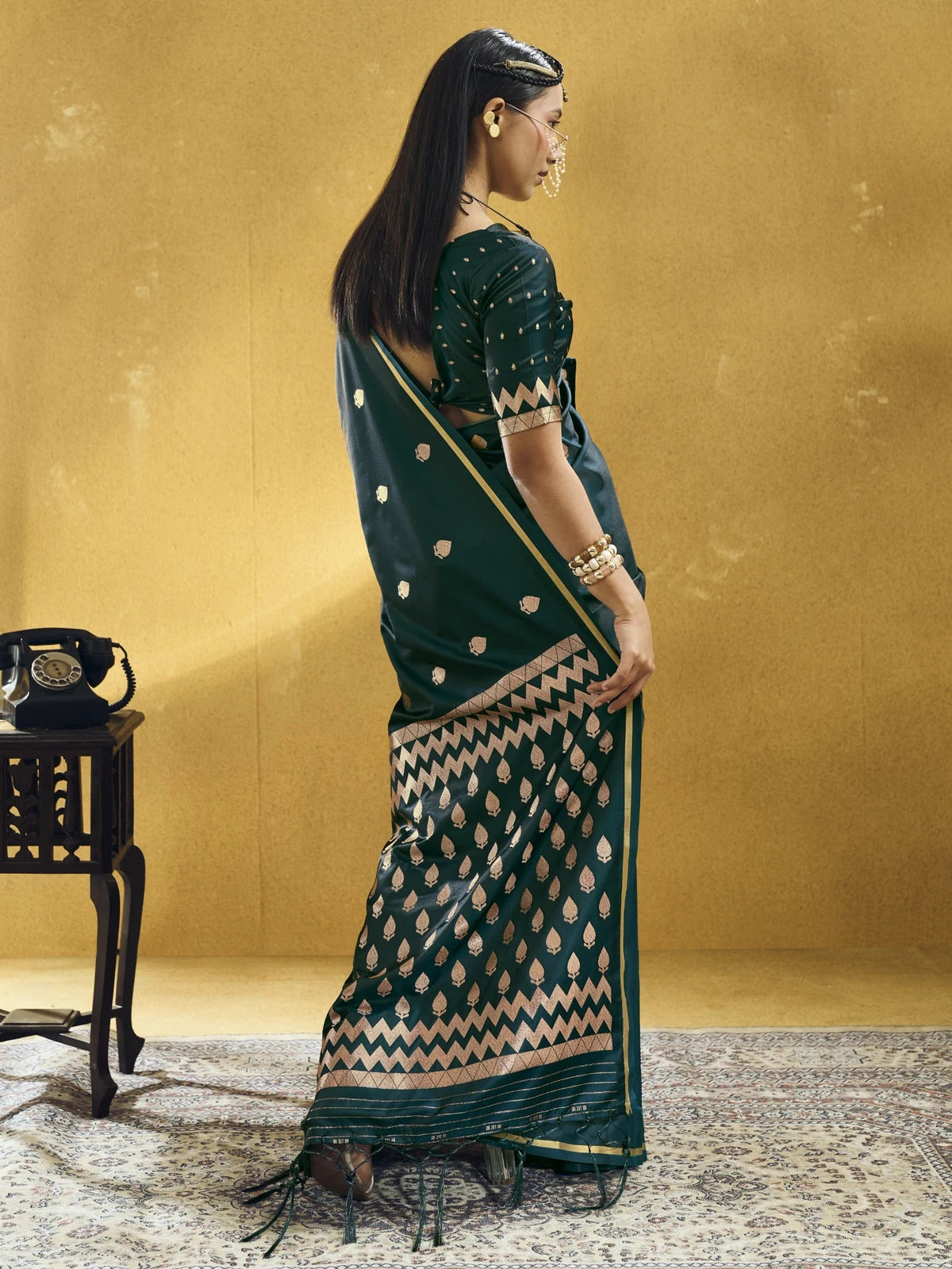 Tarani green pure satin handloom weaving saree back view with woven zari design