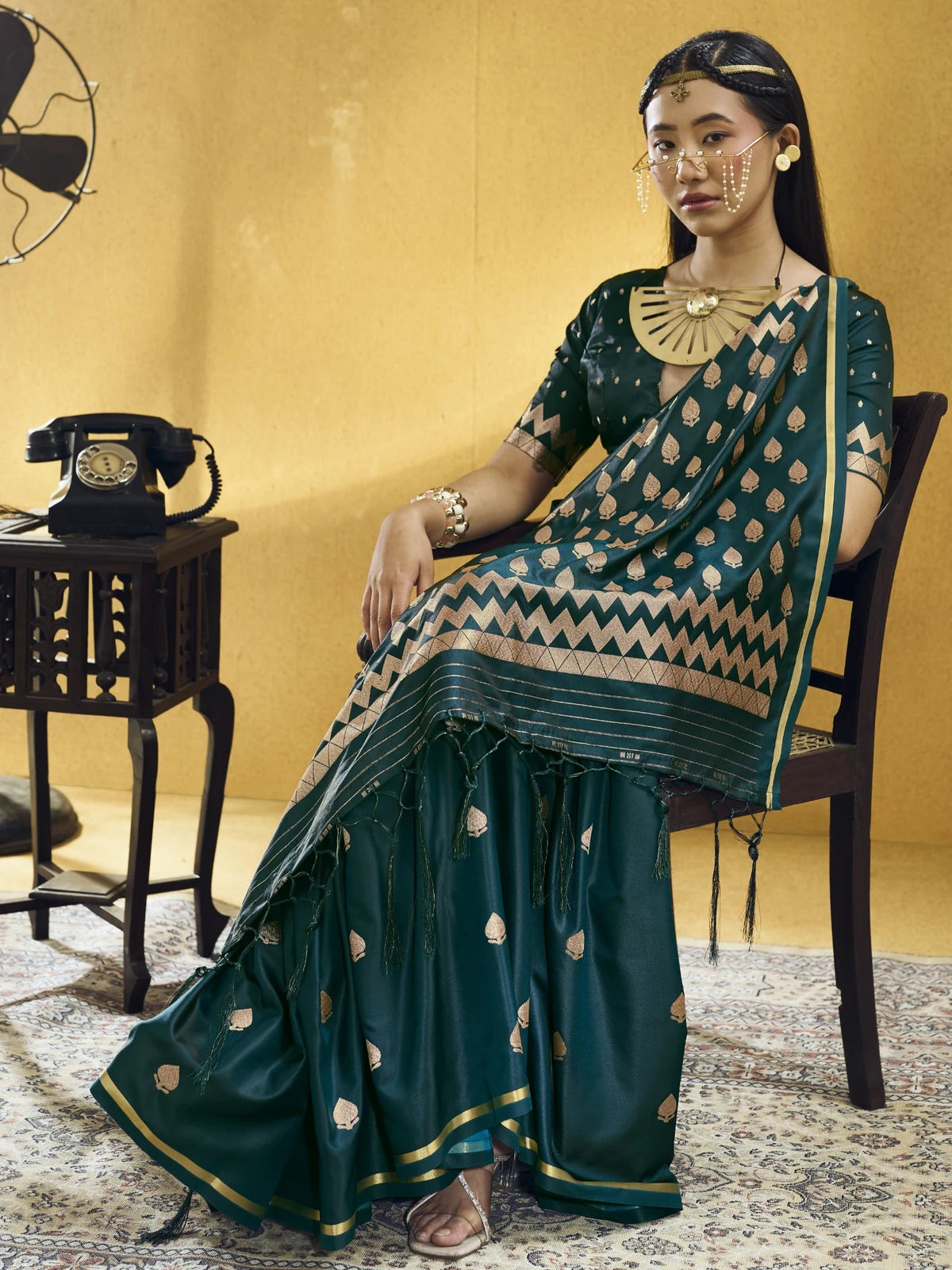 Tarani green pure satin handloom weaving saree front view with woven zari design