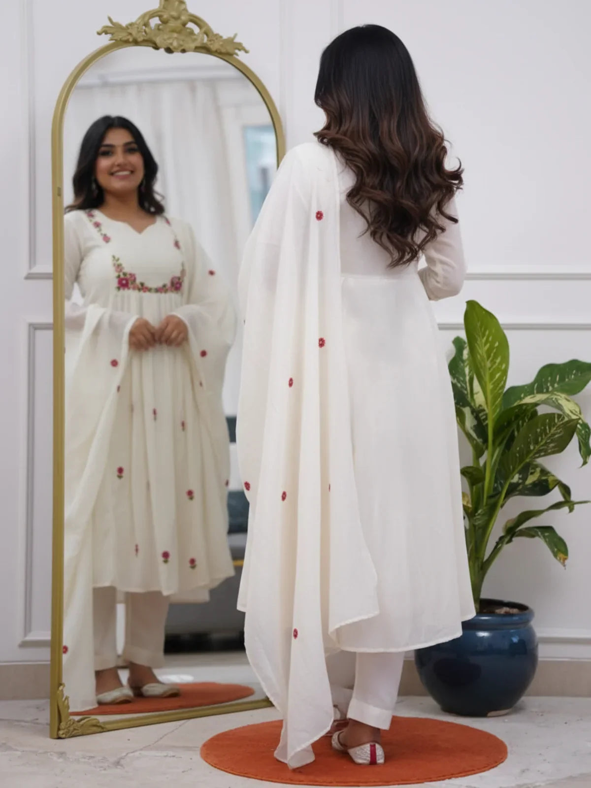 Tarani back view of embroidered PV Chanderi festive dress with dupatta fall