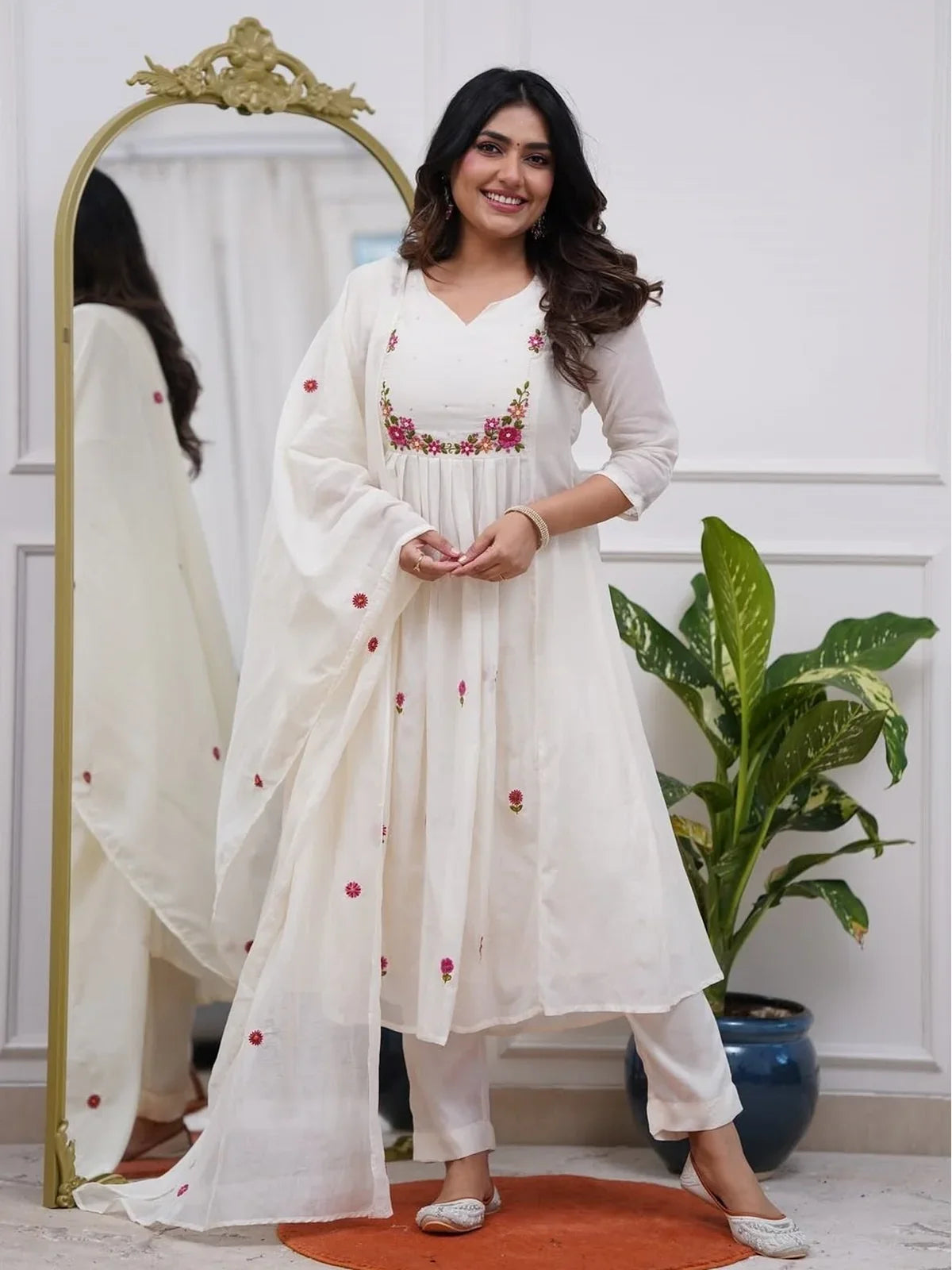 Tarani off white Chanderi festive dress with floral embroidery front view