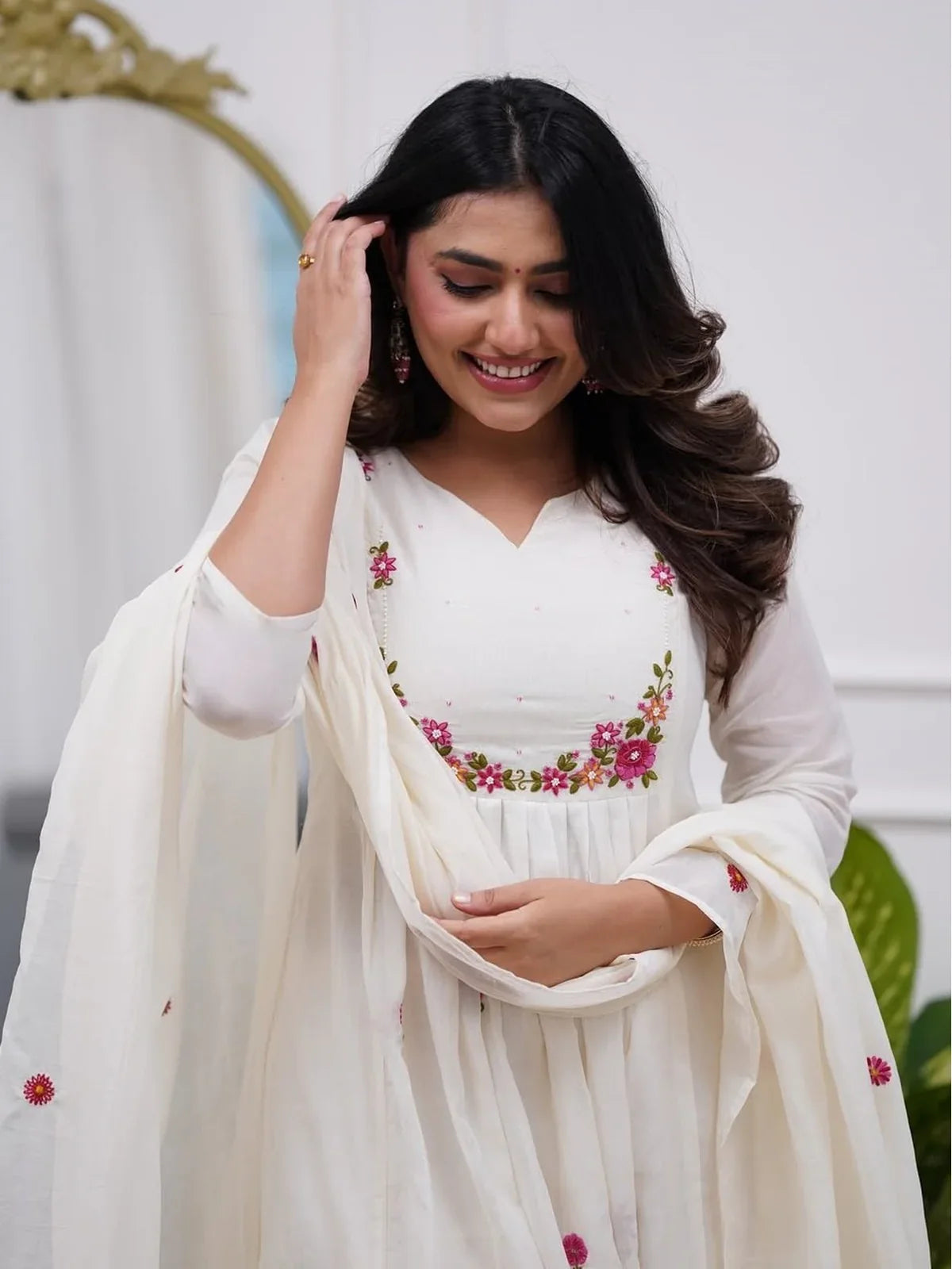 Tarani Chanderi dress close-up showing floral embroidery and neckline detailing