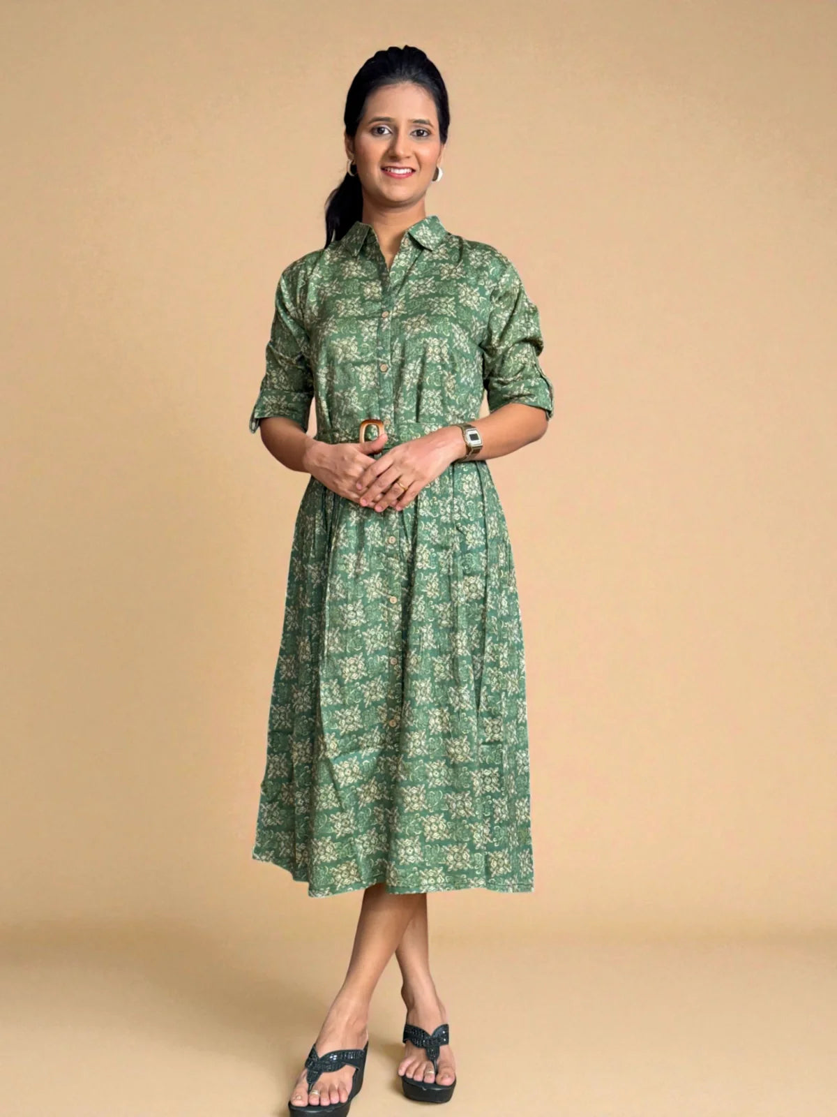 Tarani green rayon midi dress full view with floral prints and fit and flare A-line style