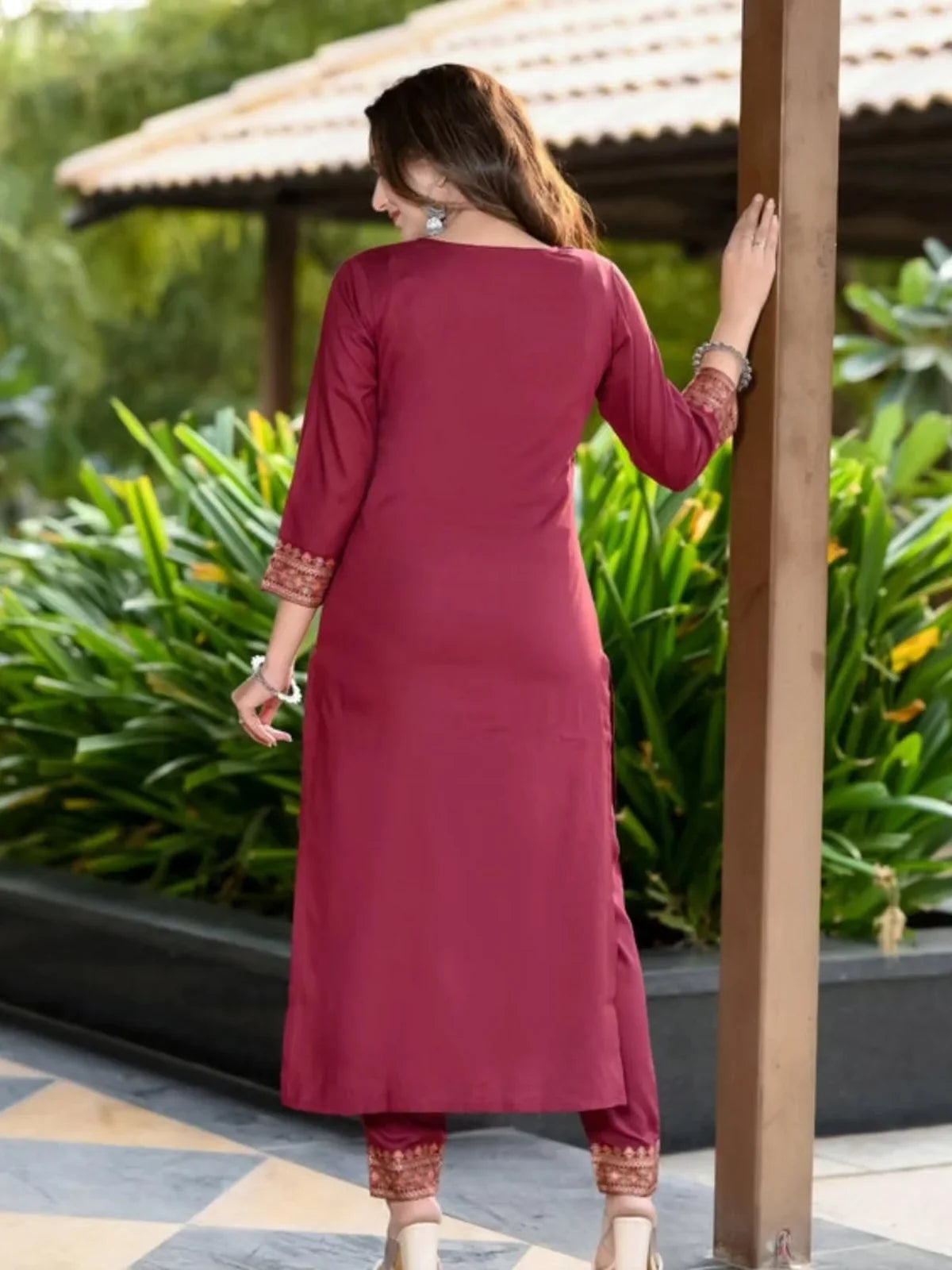 Tarani rayon maroon kurti dress full back view with detailed hem and pant work