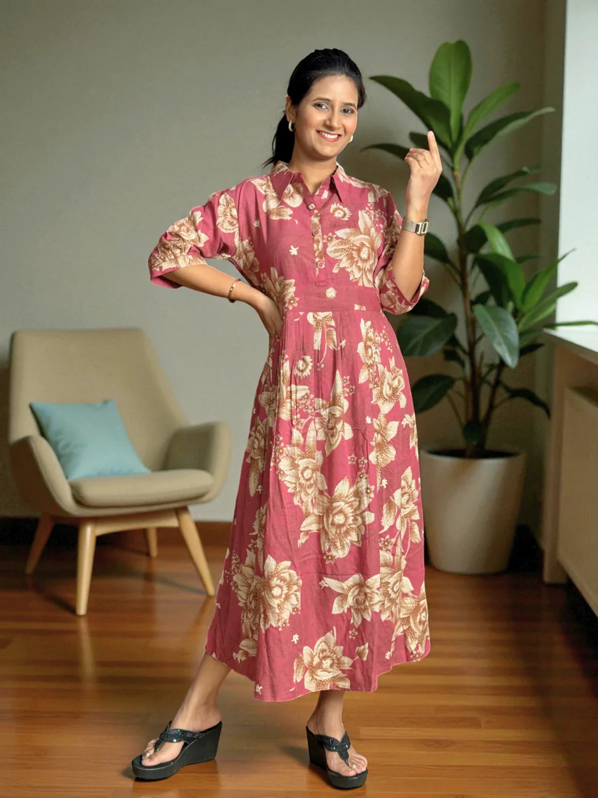 Tarani maroon rayon midi dress with floral design shown in full view for daily and casual wear