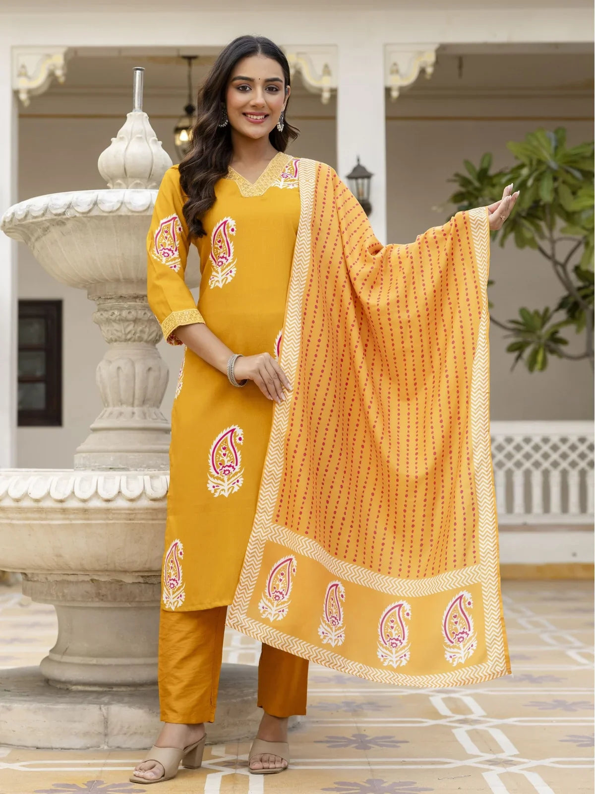 Tarani mustard rayon dress with pants and printed dupatta – full view image for weddings and festivals