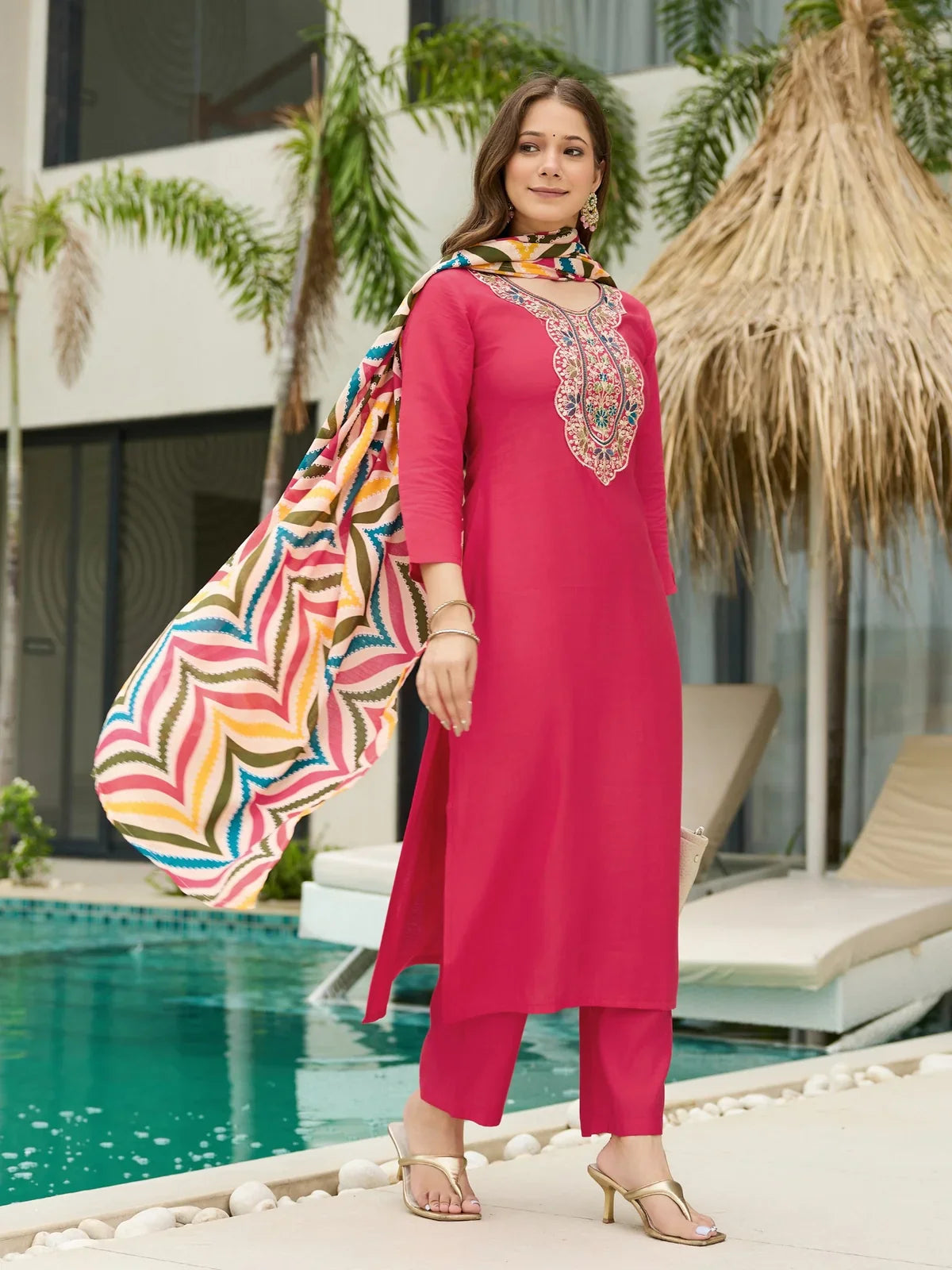 Tarani pink rayon dress front view with vibrant multicolor dupatta and elegant silhouette
