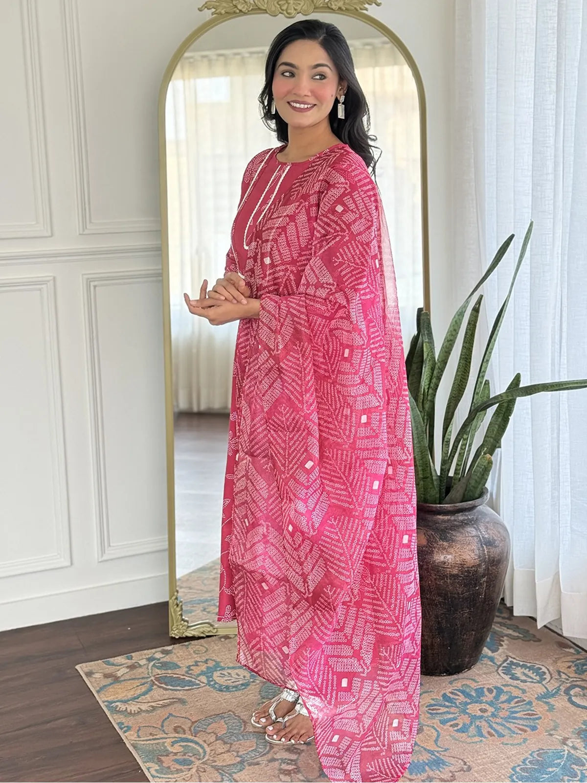 Tarani pink rayon dress side profile with printed dupatta – elegant view