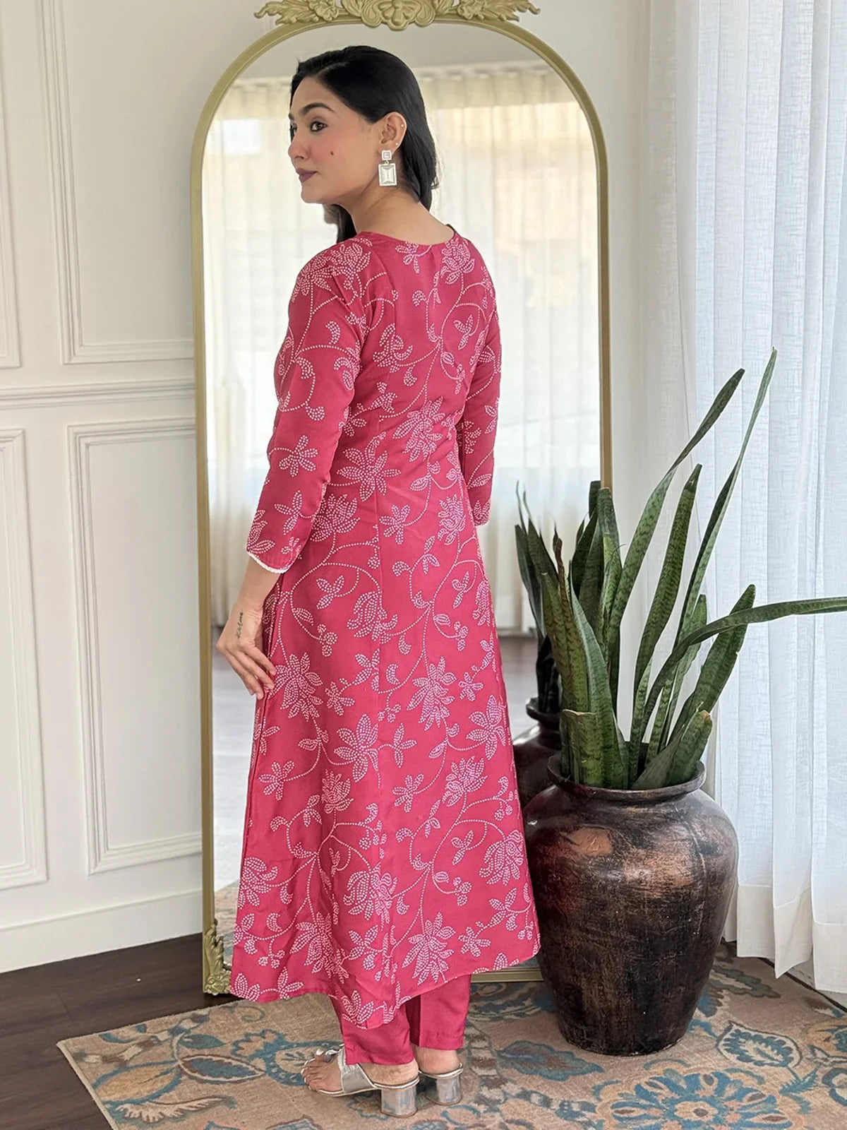 Tarani pink rayon dress with embroidery back side full view