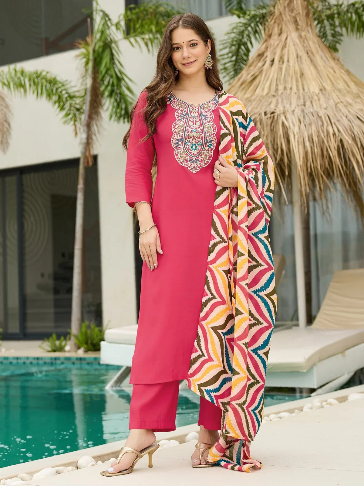 Tarani pink rayon dress with embroidered neckline and multicolor dupatta for festive and party wear