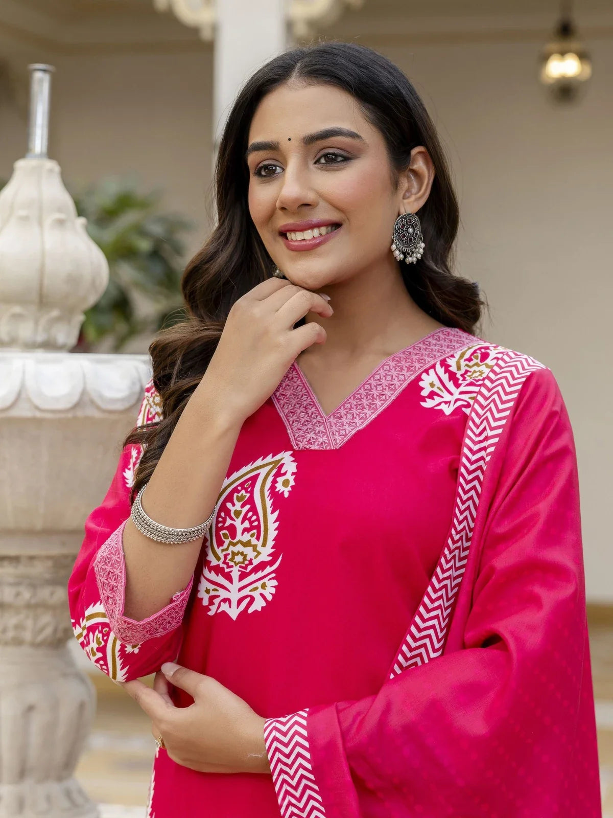 Tarani pink rayon dress with ethnic motifs and detailed neckline closeup
