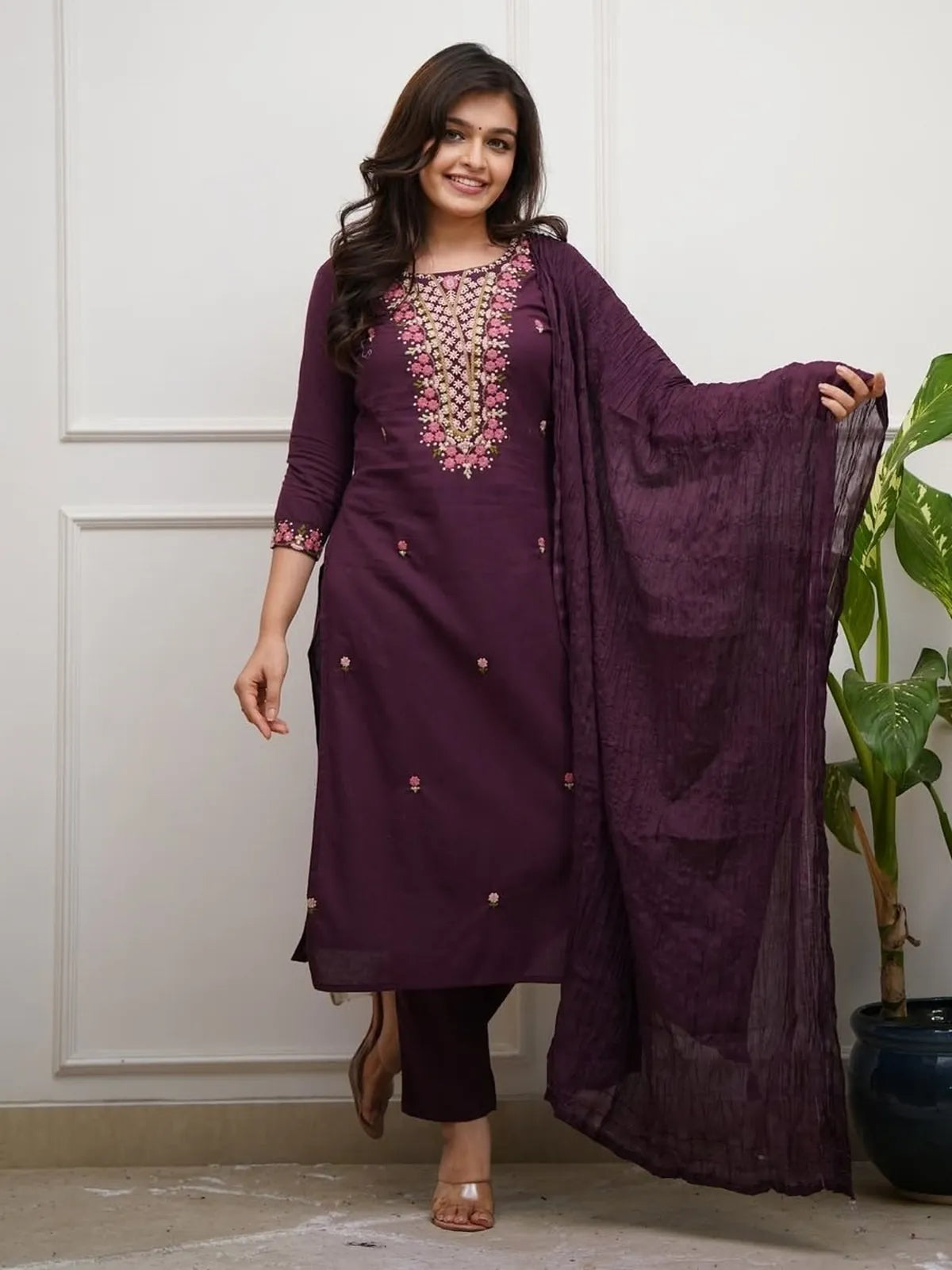 Tarani premium purple rayon dress with floral embroidery and chanderi dupatta front full view