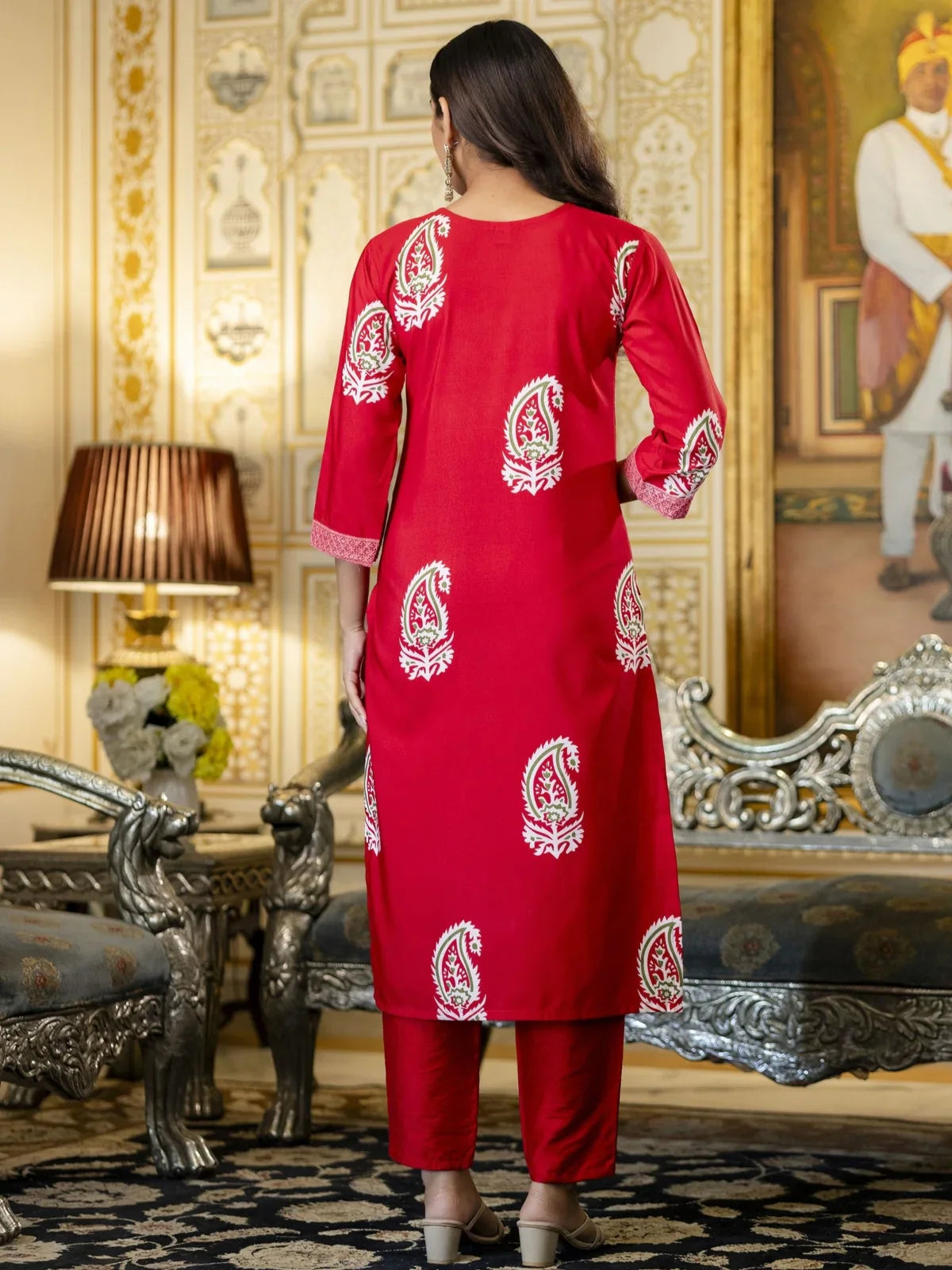 Tarani red rayon kurti back view with all-over print ideal for festive occasions