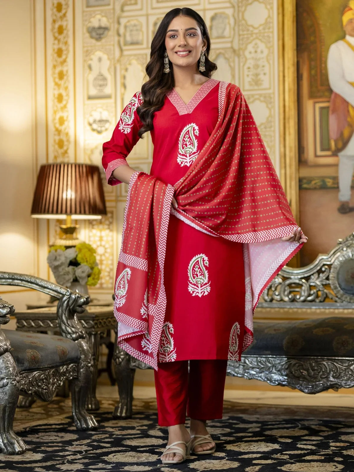 Tarani red rayon festive dress front view with elegant printed motifs and chanderi dupatta