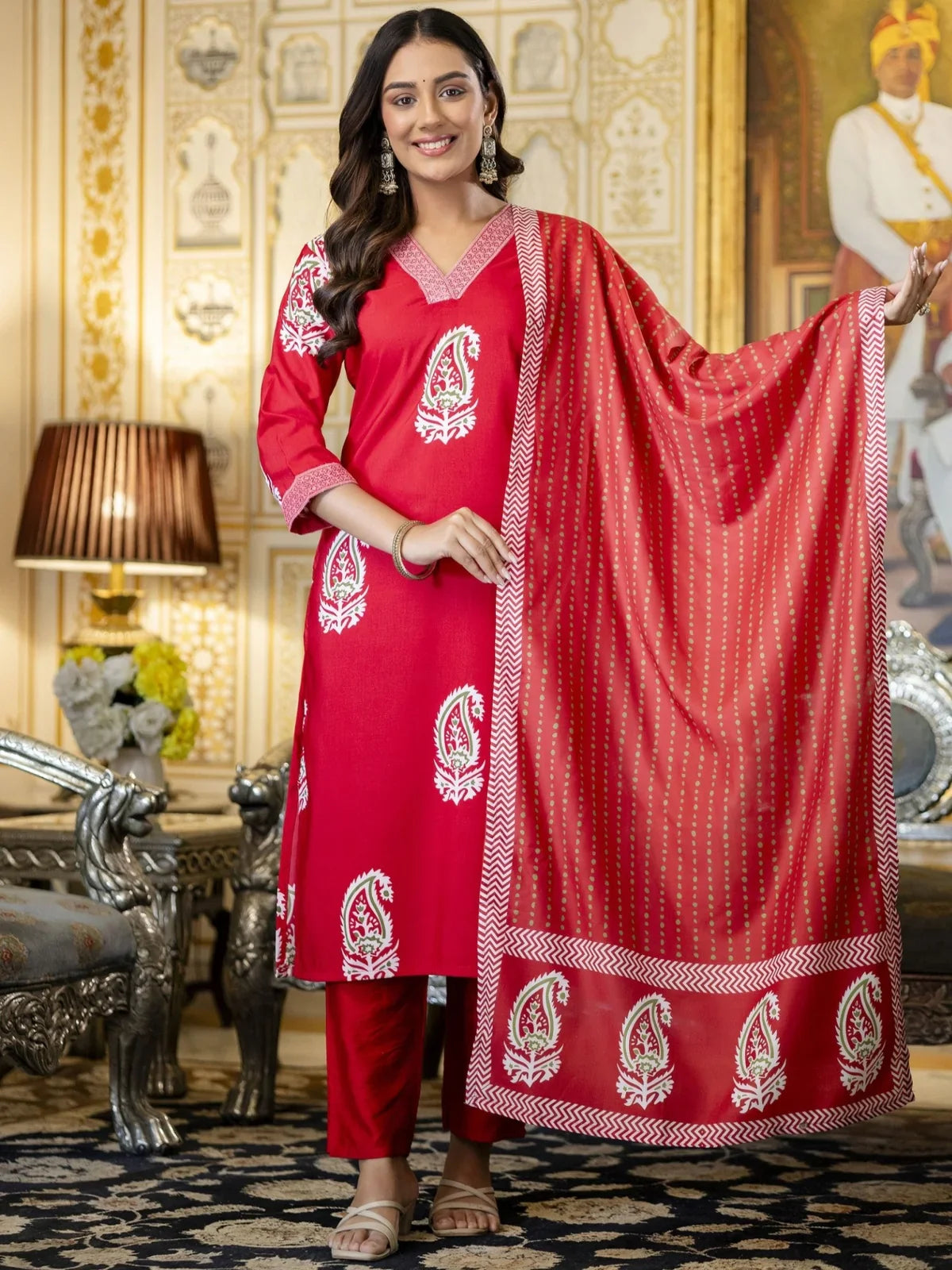Tarani full-length red rayon dress with matching dupatta and pant styled for celebration