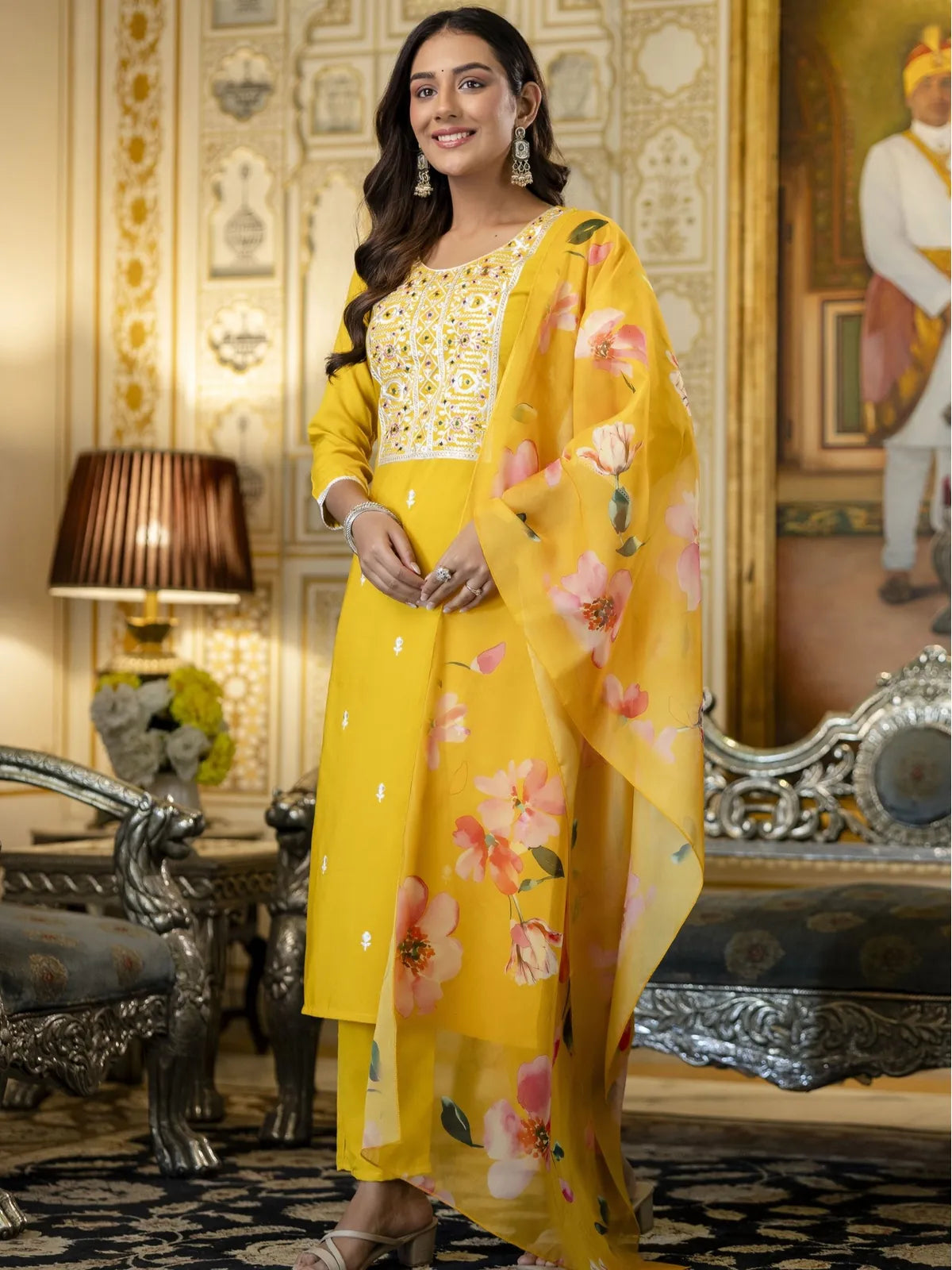 Tarani full length yellow rayon dress with printed dupatta for haldi and festive occasions - full view