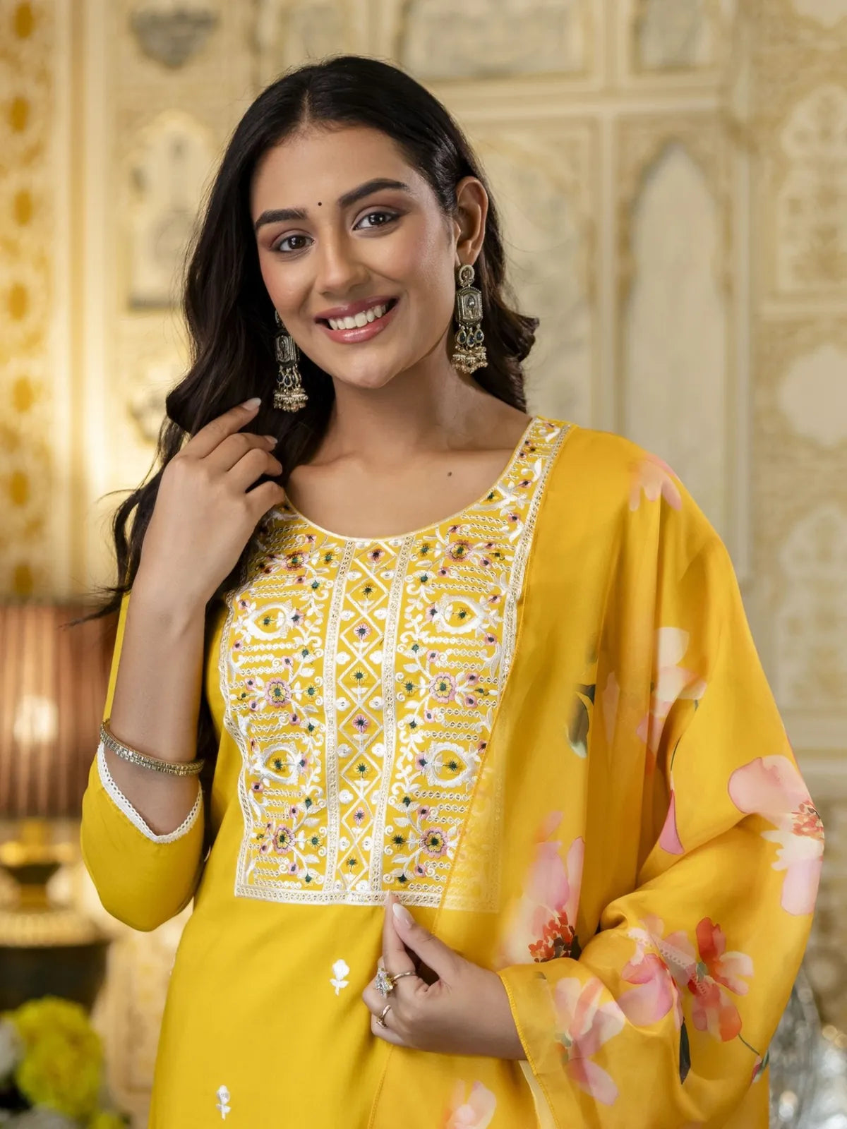 Tarani yellow rayon dress with close-up embroidery on neckline and floral dupatta - upper body view