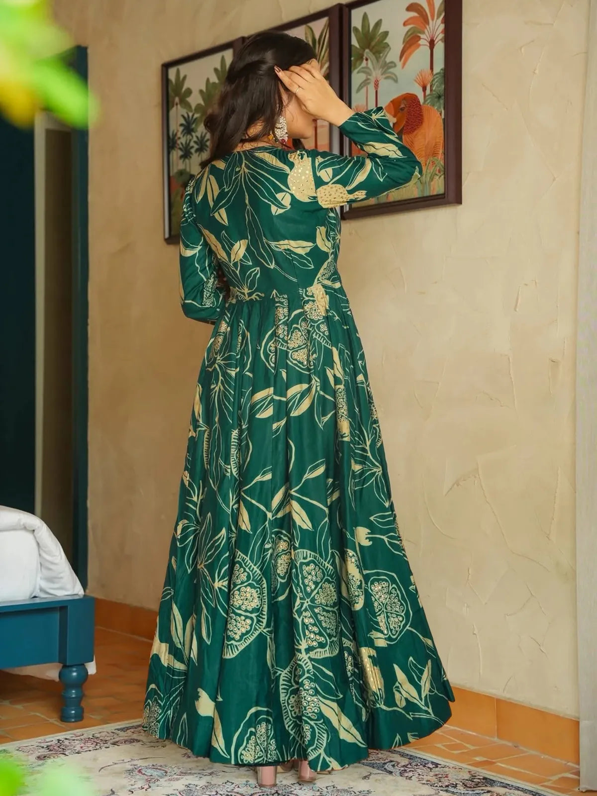 Tarani rayon green gown back view featuring digital print detailing and graceful fall