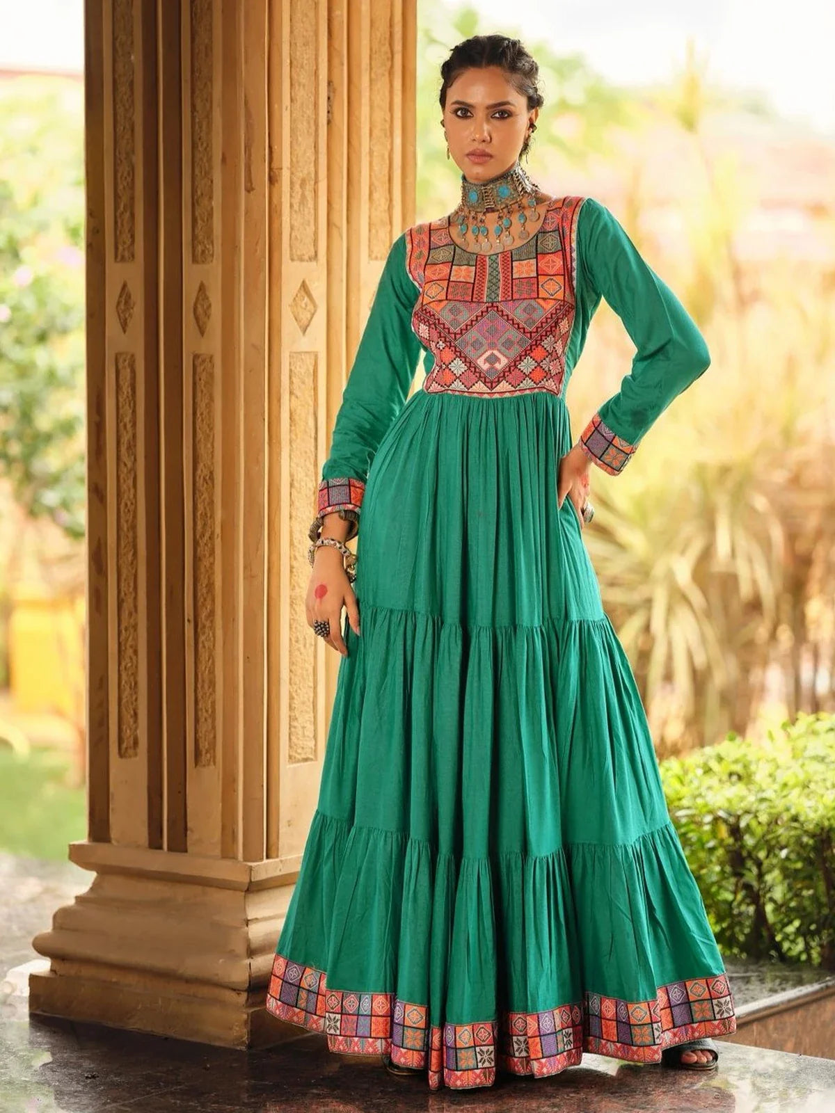 Tarani premium green rayon gown full view with Gamthi embroidery and lace work