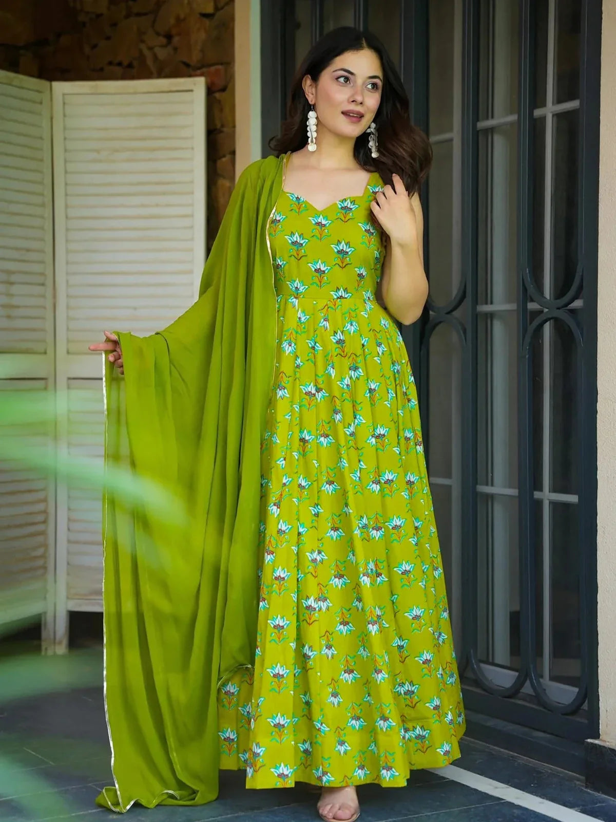 Tarani green digital print rayon gown full view with flared silhouette and georgette dupatta