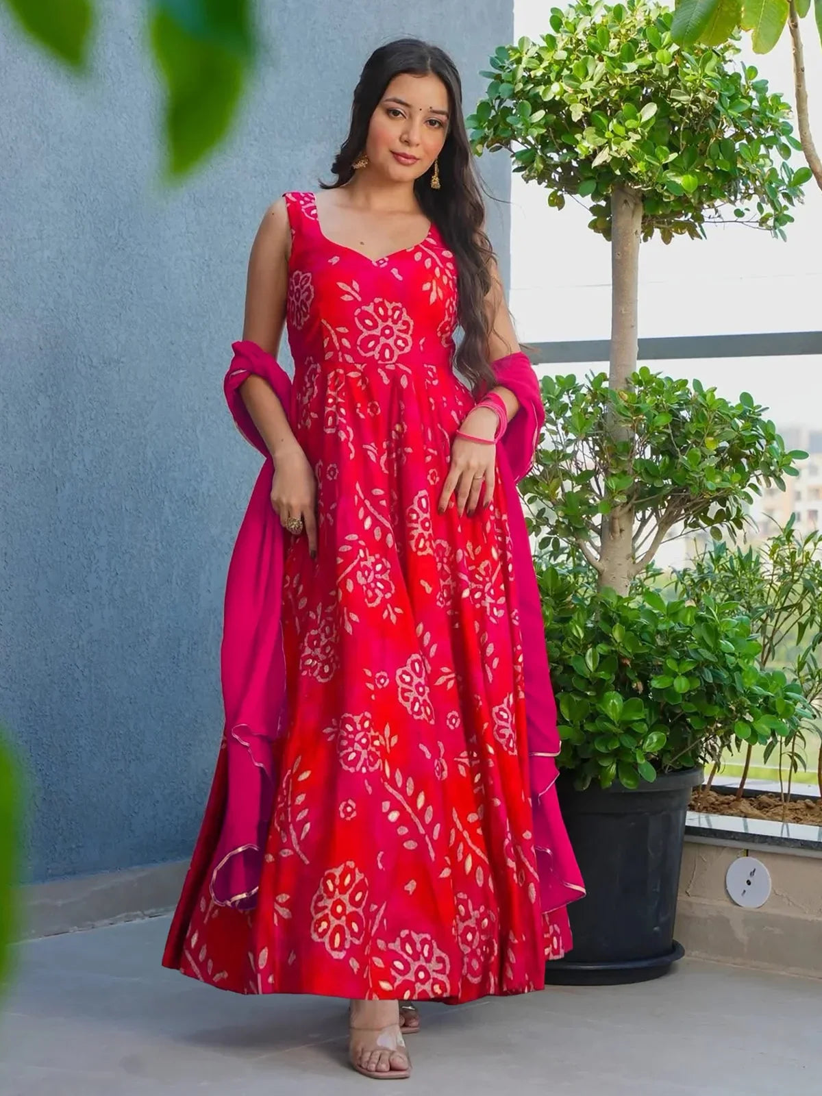 Tarani pink rayon festive gown with floral digital print and georgette dupatta front full view