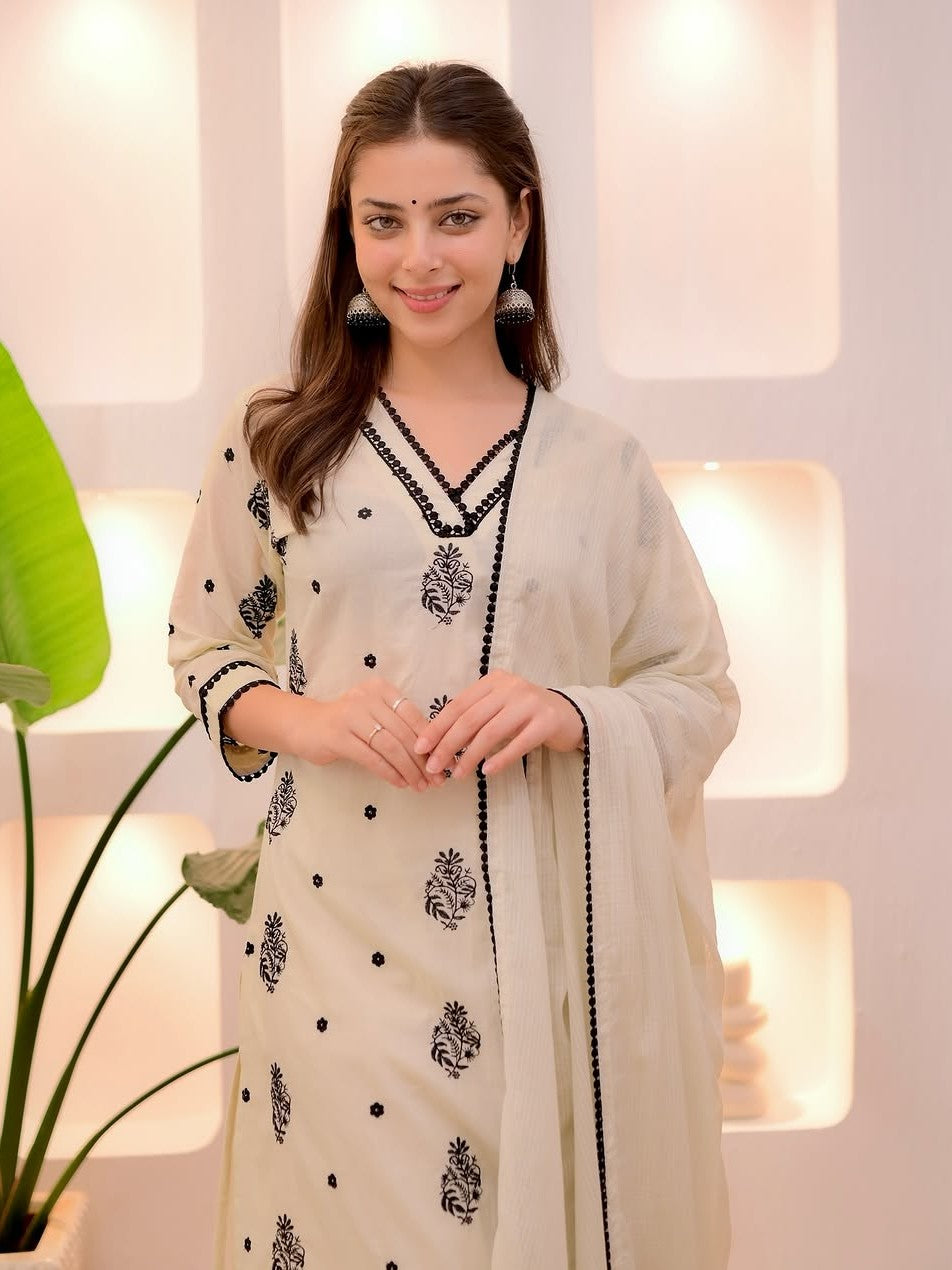 Tarani cream rayon slub kurti set with dupatta front view