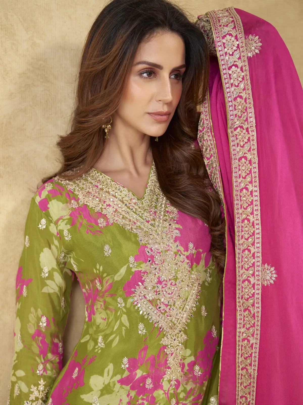 Tarani designer green and pink chinon suit side pose showing embroidery and dupatta