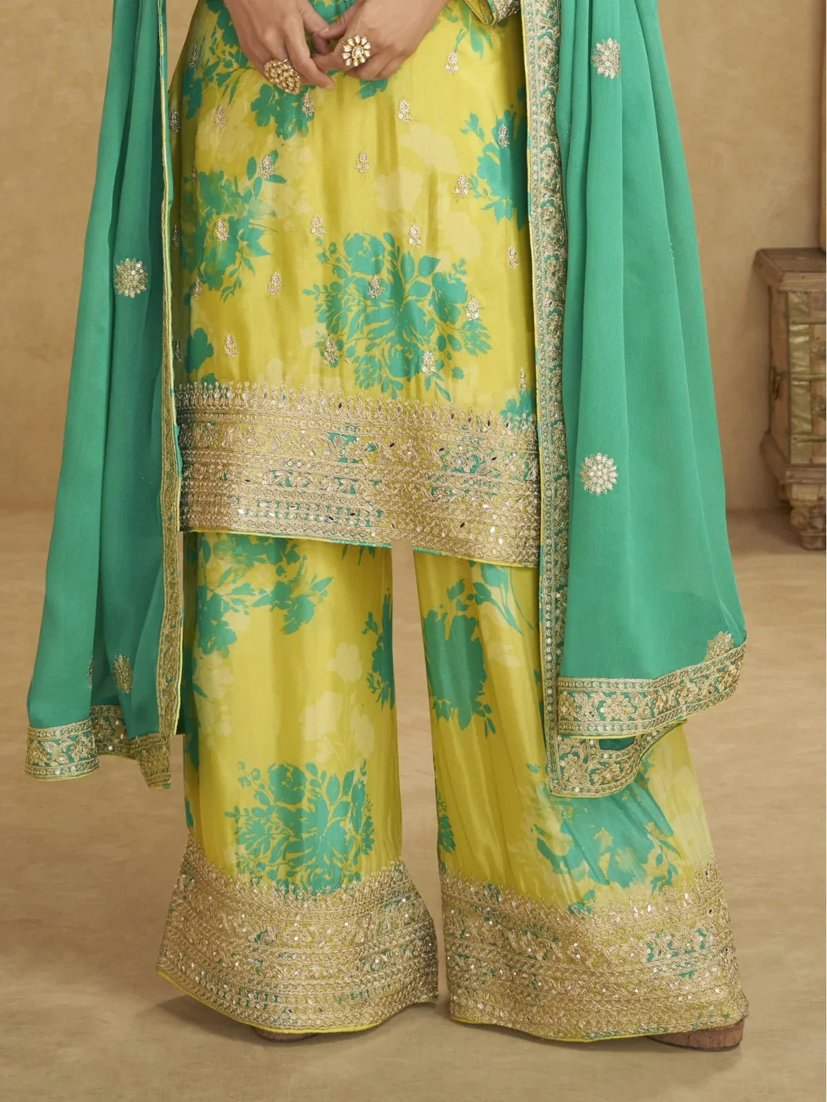 Tarani yellow chinon digital embroidered palazzo suit closeup showing sequin embroidery