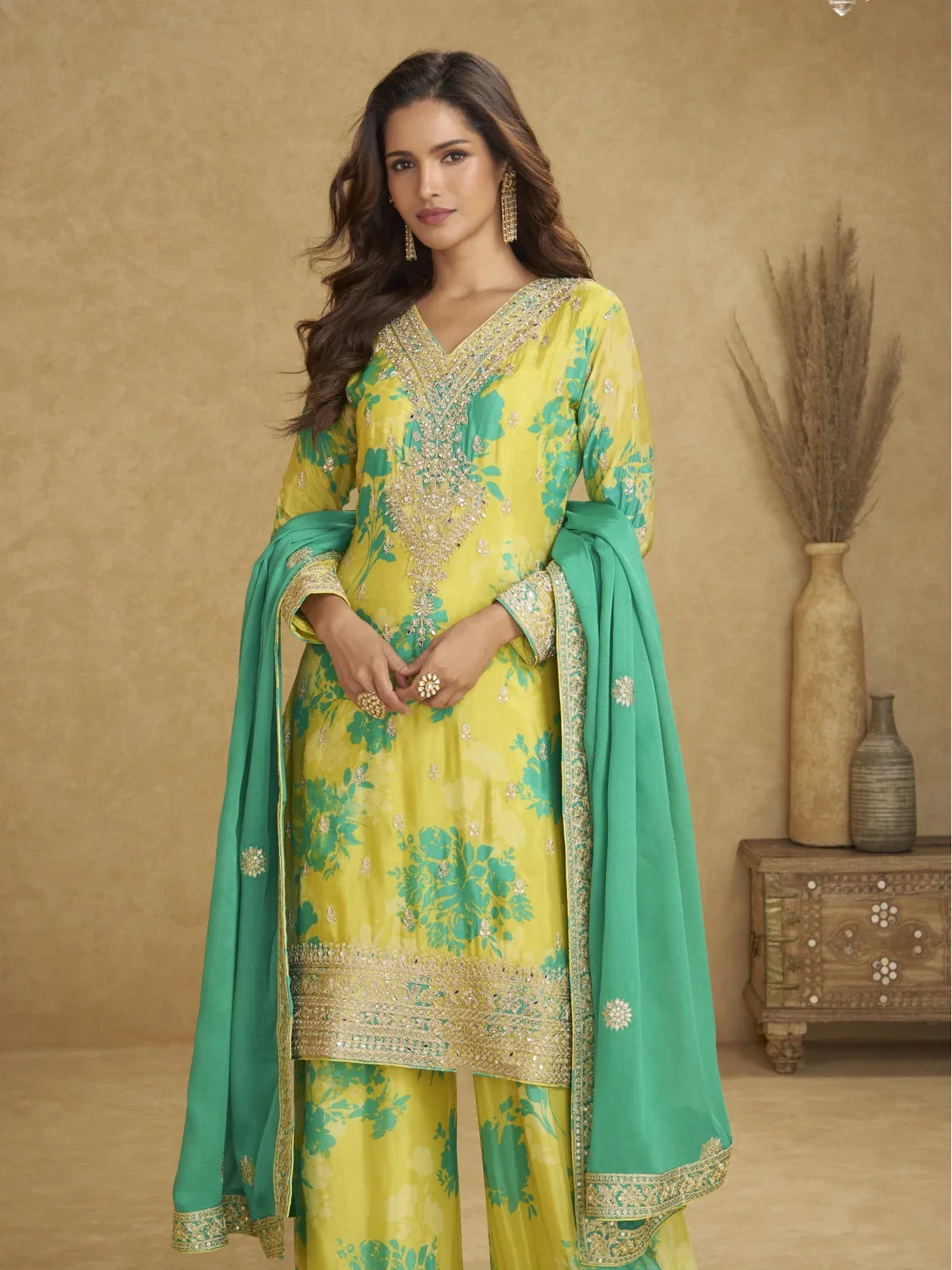 Tarani yellow chinon digital embroidered festive suit front view with dupatta