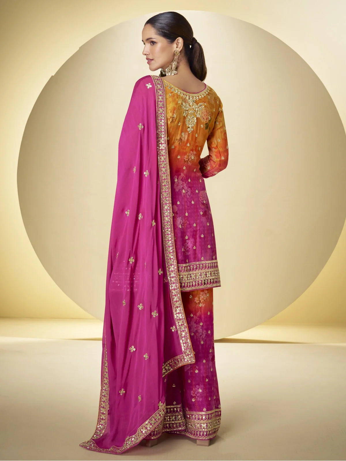 Tarani premium pink Real Chinon embroidered festive dress back view with dupatta