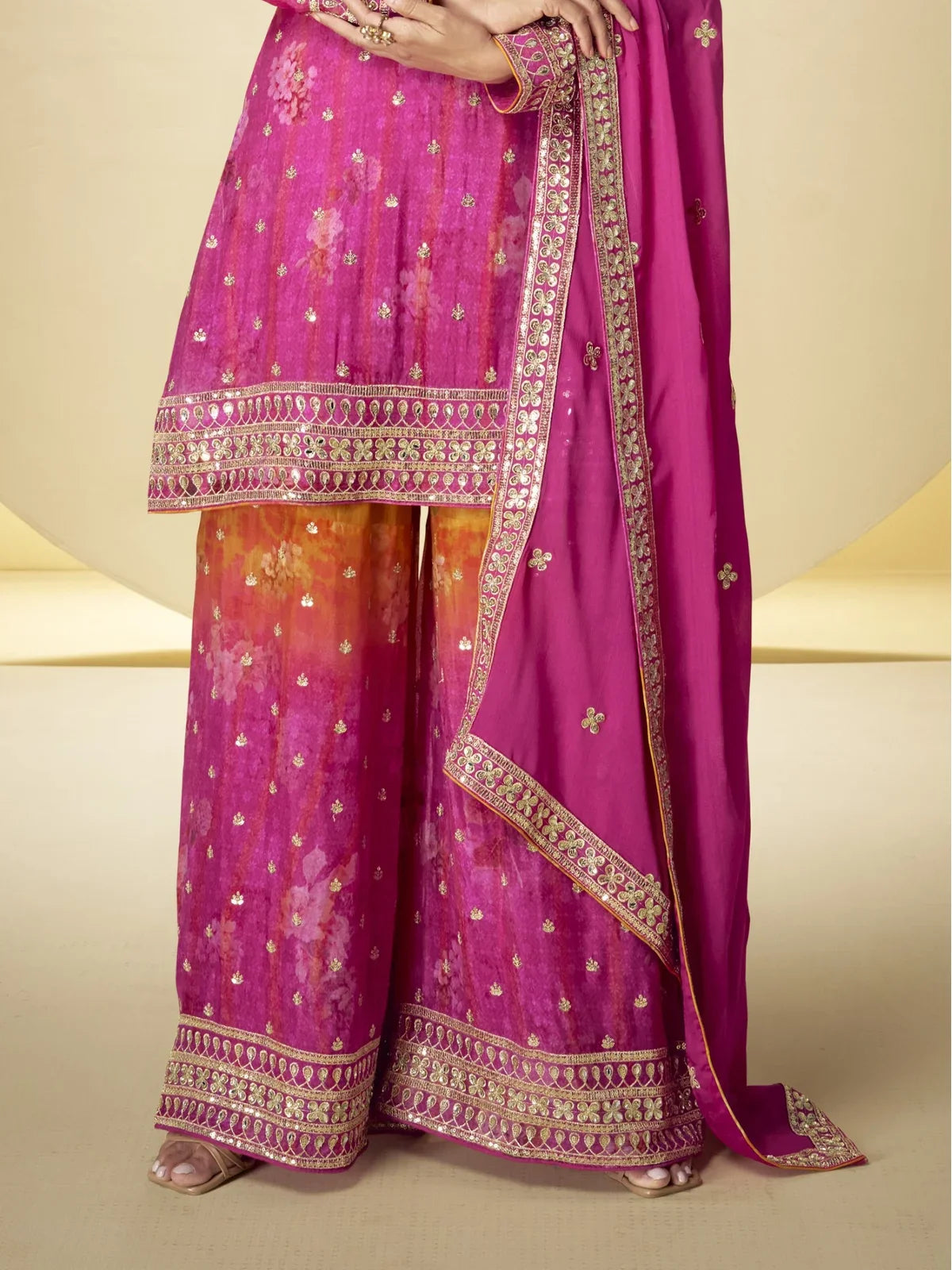 Tarani premium pink Real Chinon embroidered festive dress closeup of embroidery work