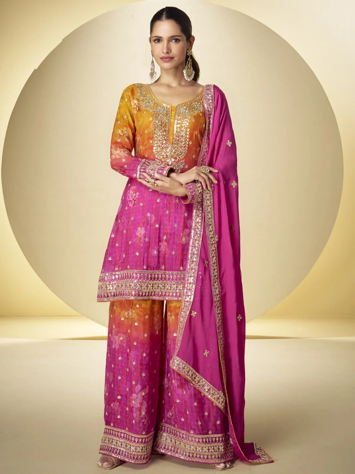 Tarani premium pink Real Chinon embroidered festive dress full view with dupatta