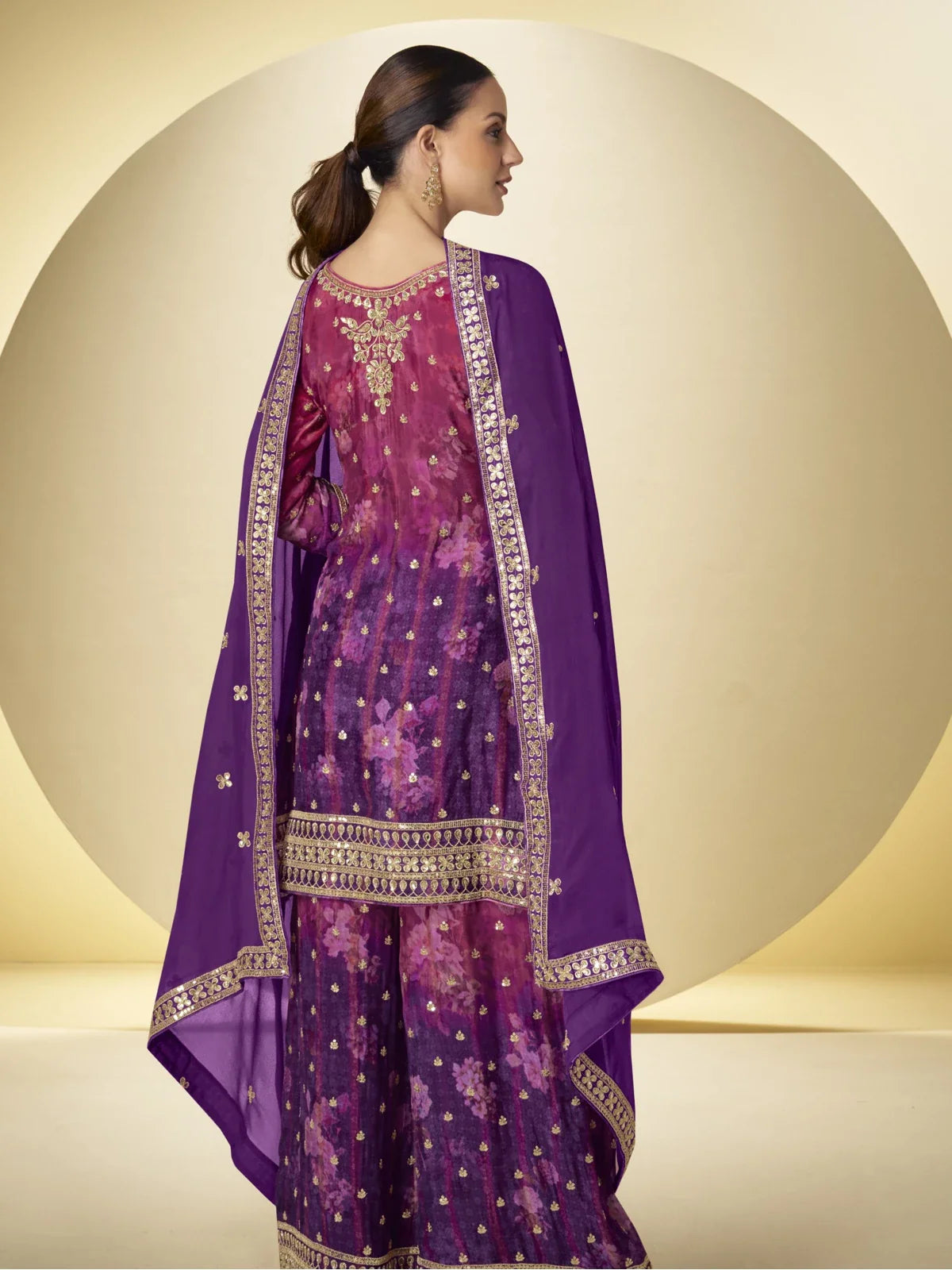 Tarani purple real chinon dress with embroidery detailed back view