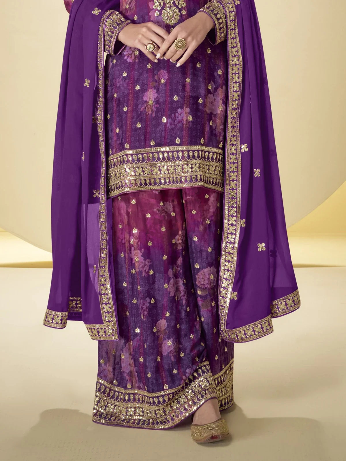 Tarani purple real chinon festive dress embroidery closeup view
