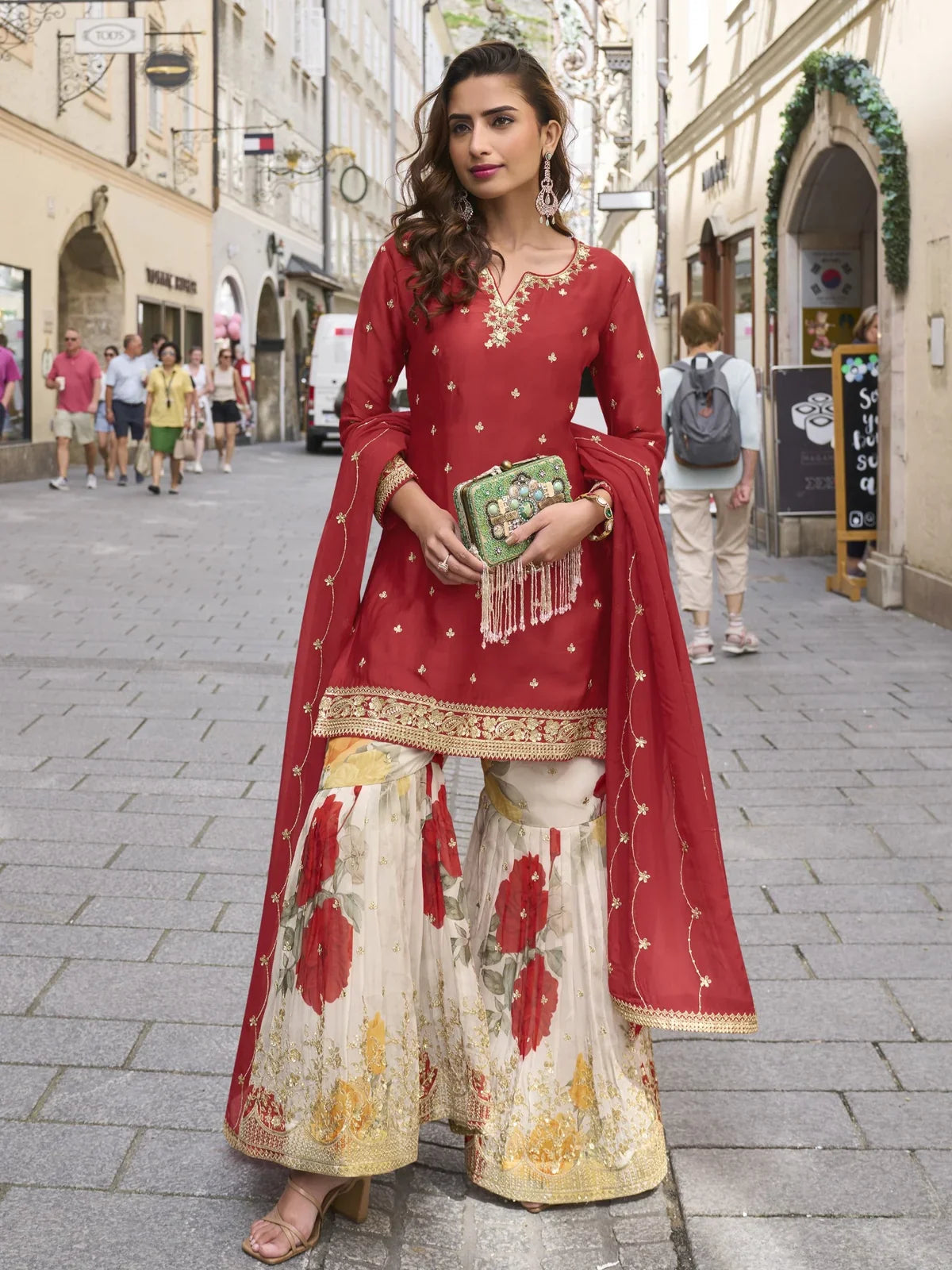 Tarani premium red Real Chinon sharara suit stylish front view for parties