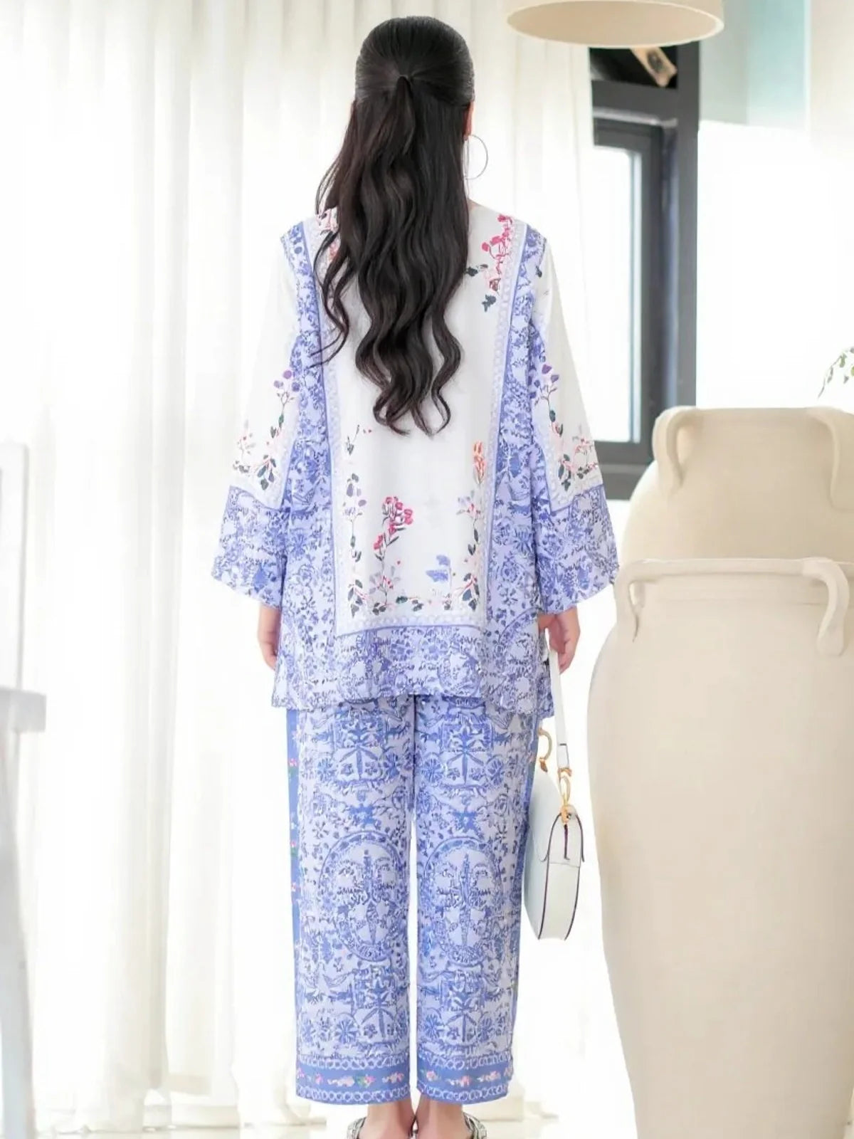 Tarani reyon white and blue printed dress full back view with straight pant