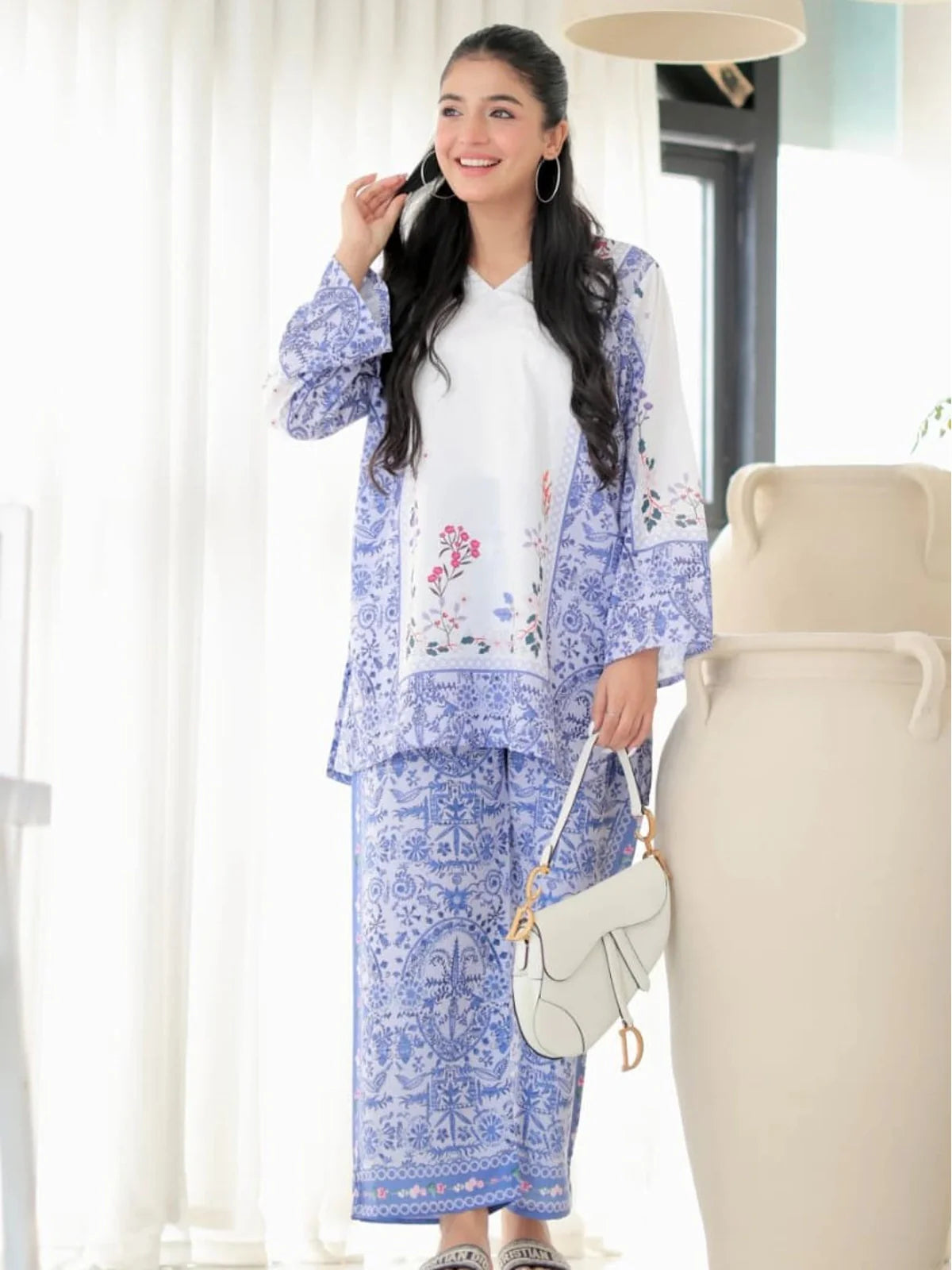 Tarani reyon white and blue full view printed dress with pant and full sleeves front pose