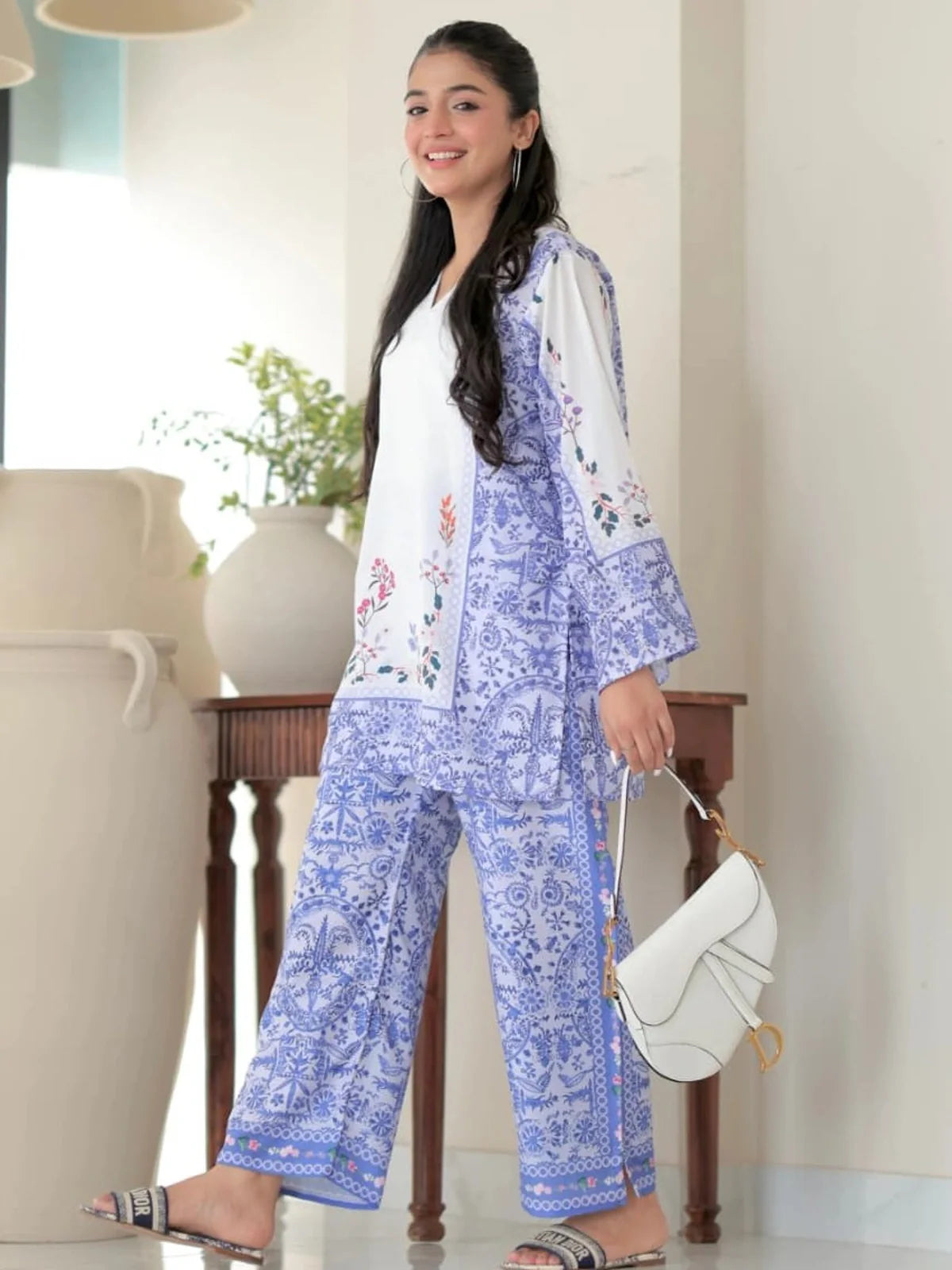 Tarani side pose reyon white and blue floral ethnic dress with pant and soft print