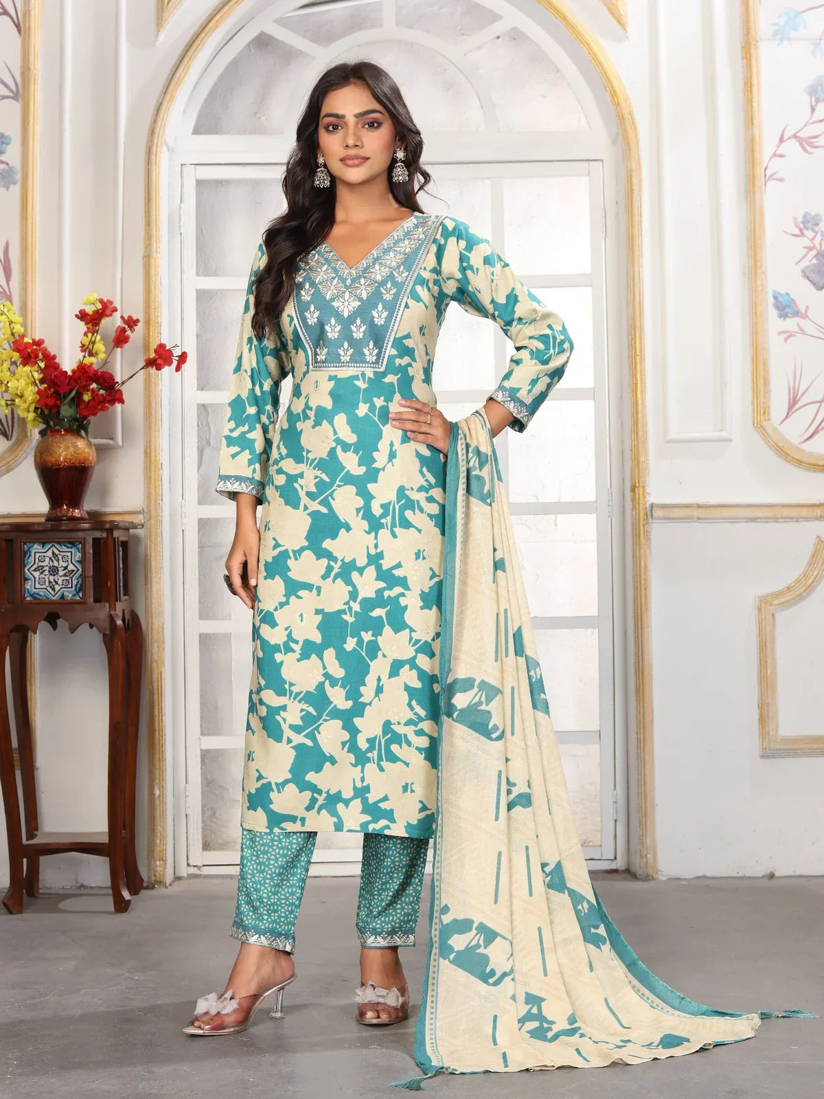 Tarani green rayon dress full view with embroidered neck and printed dupatta