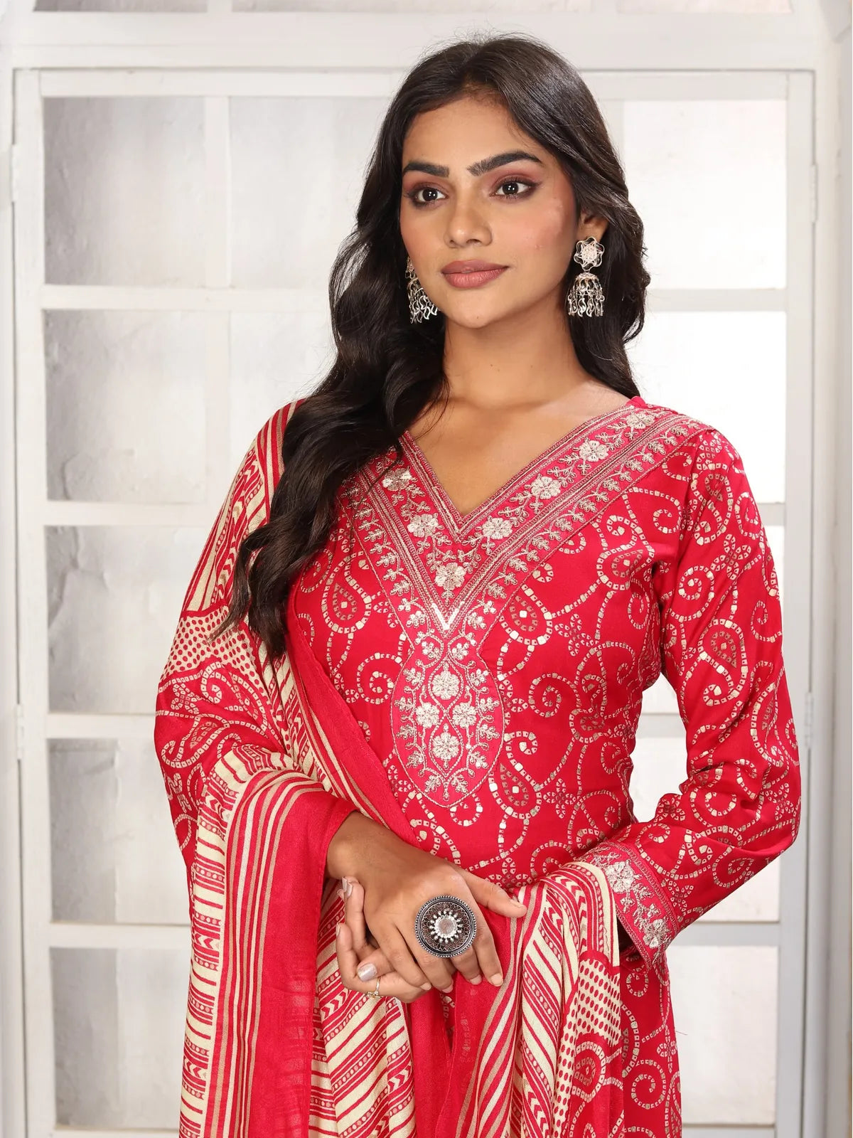 Tarani red riyon embroidered dress showing upper body and neckline detailing