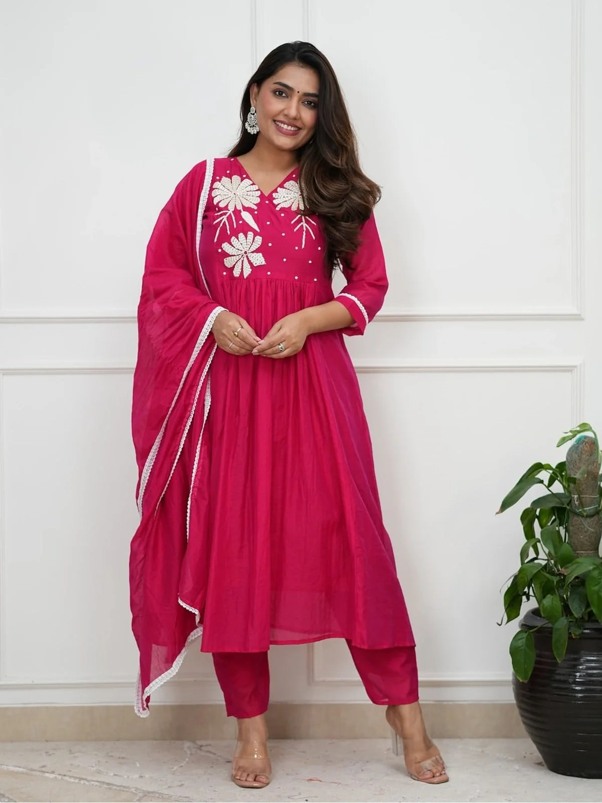 Tarani premium pink Roman fabric festive dress with printed dupatta front full view