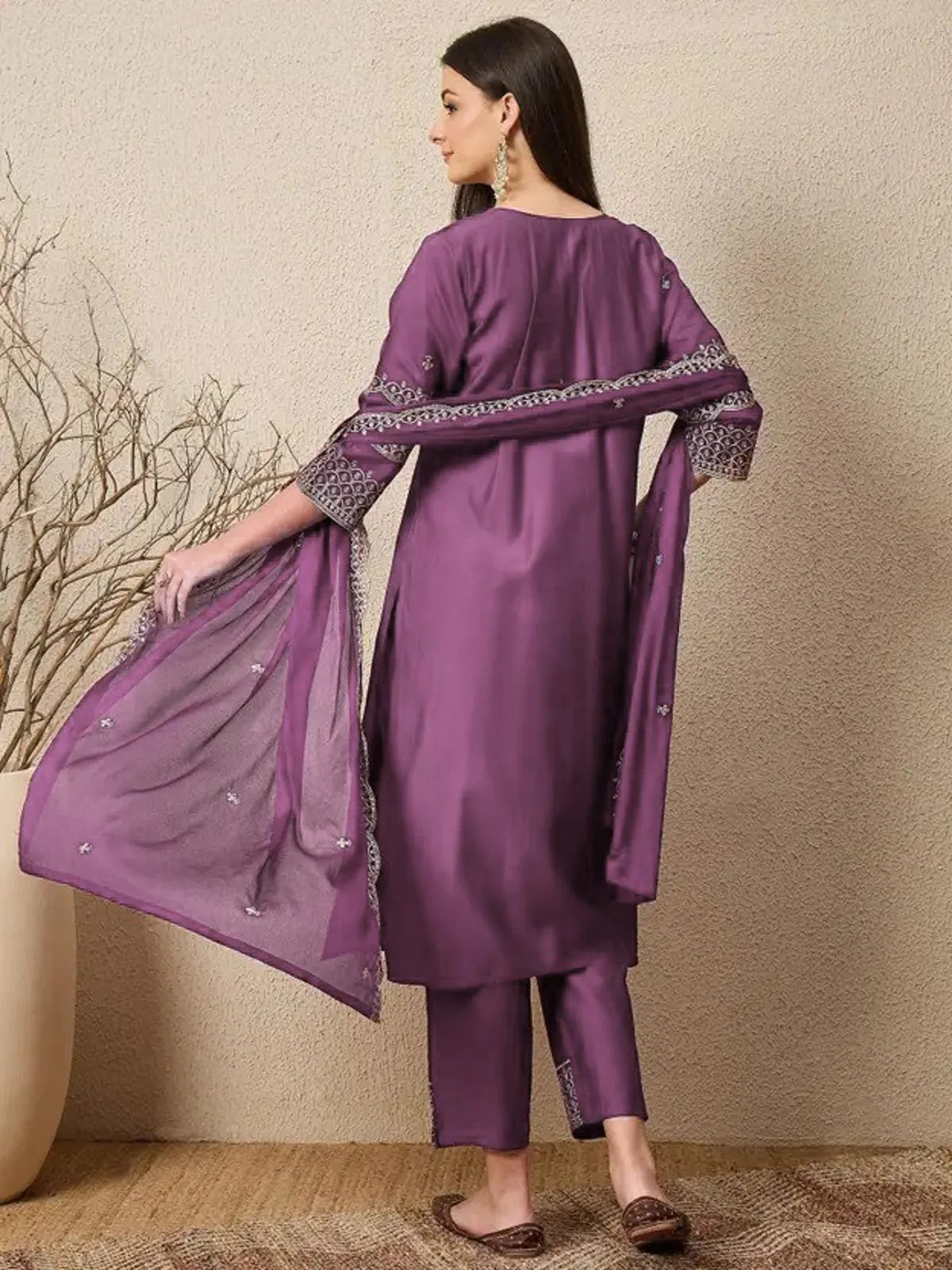 Back view of Tarani purple Roman dress with detailed embroidery on sleeves and dupatta