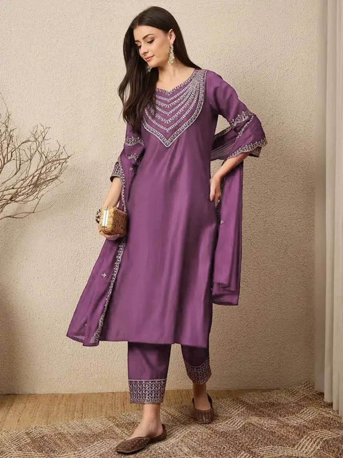 Tarani elegant Roman purple embroidered festive dress front full view worn by model