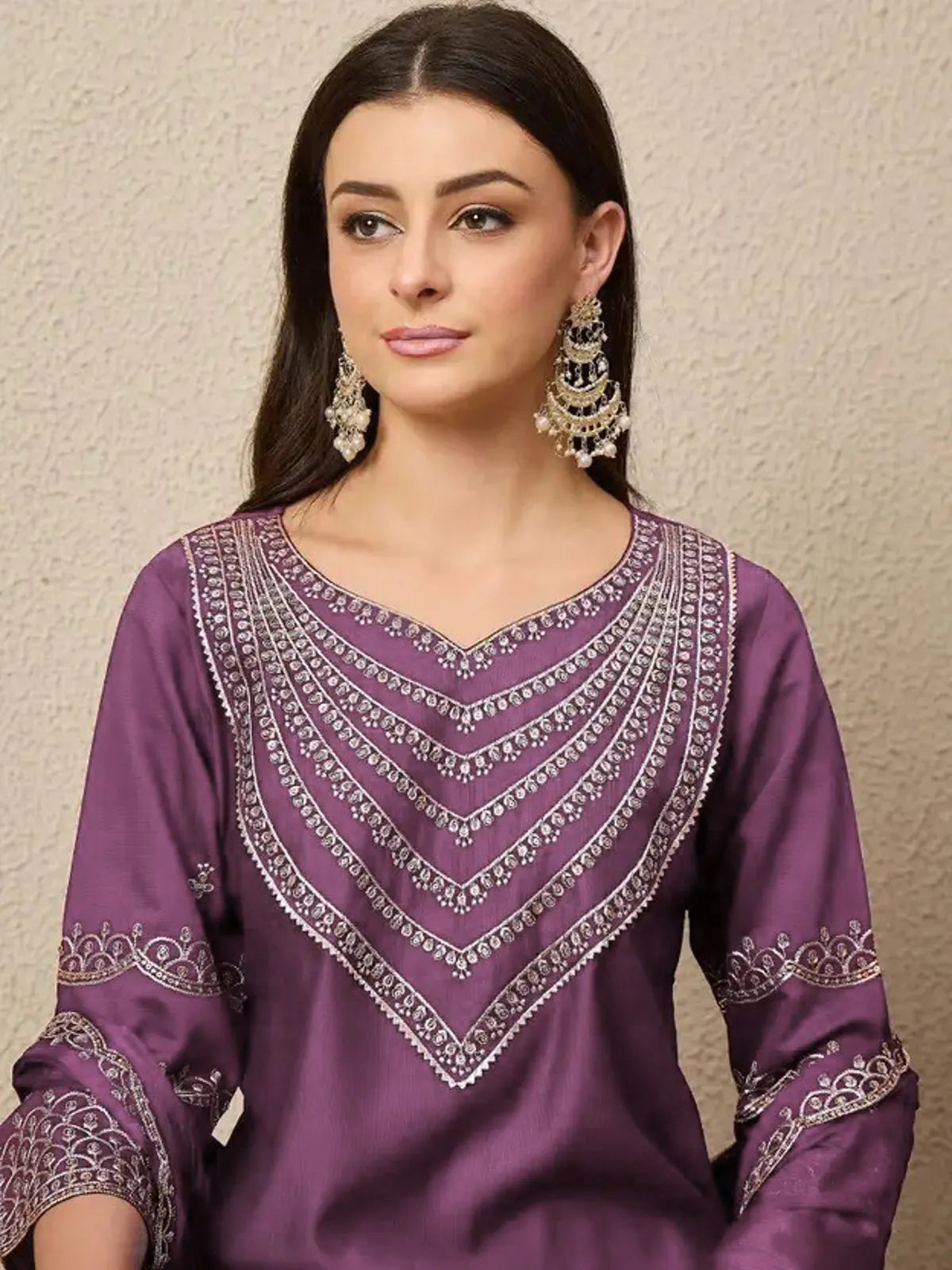 Tarani purple Roman fabric dress with mirror work and embroidery close up front neckline view