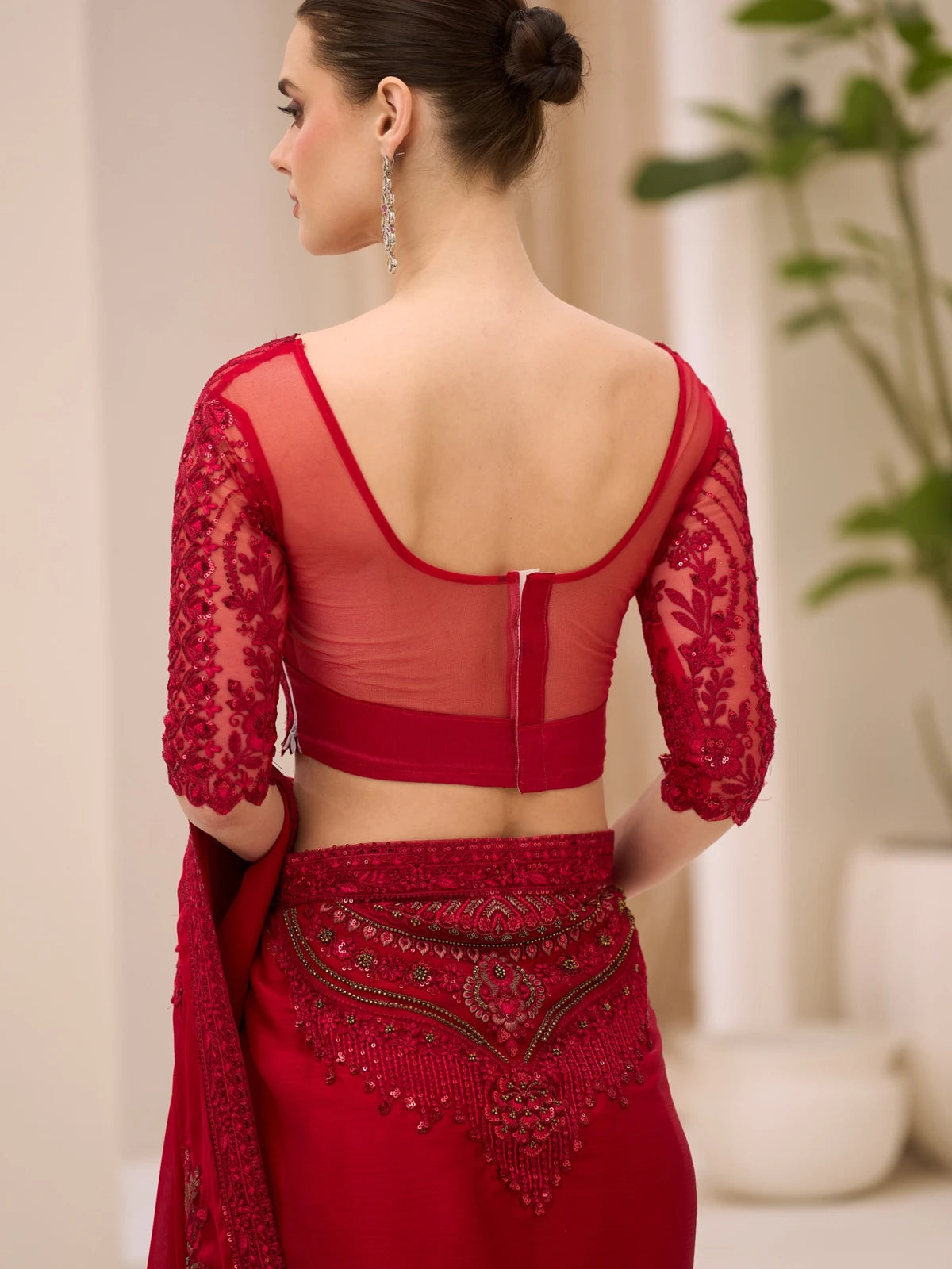 Tarani cherry red blouse back view with embroidered design saree Shambhavi